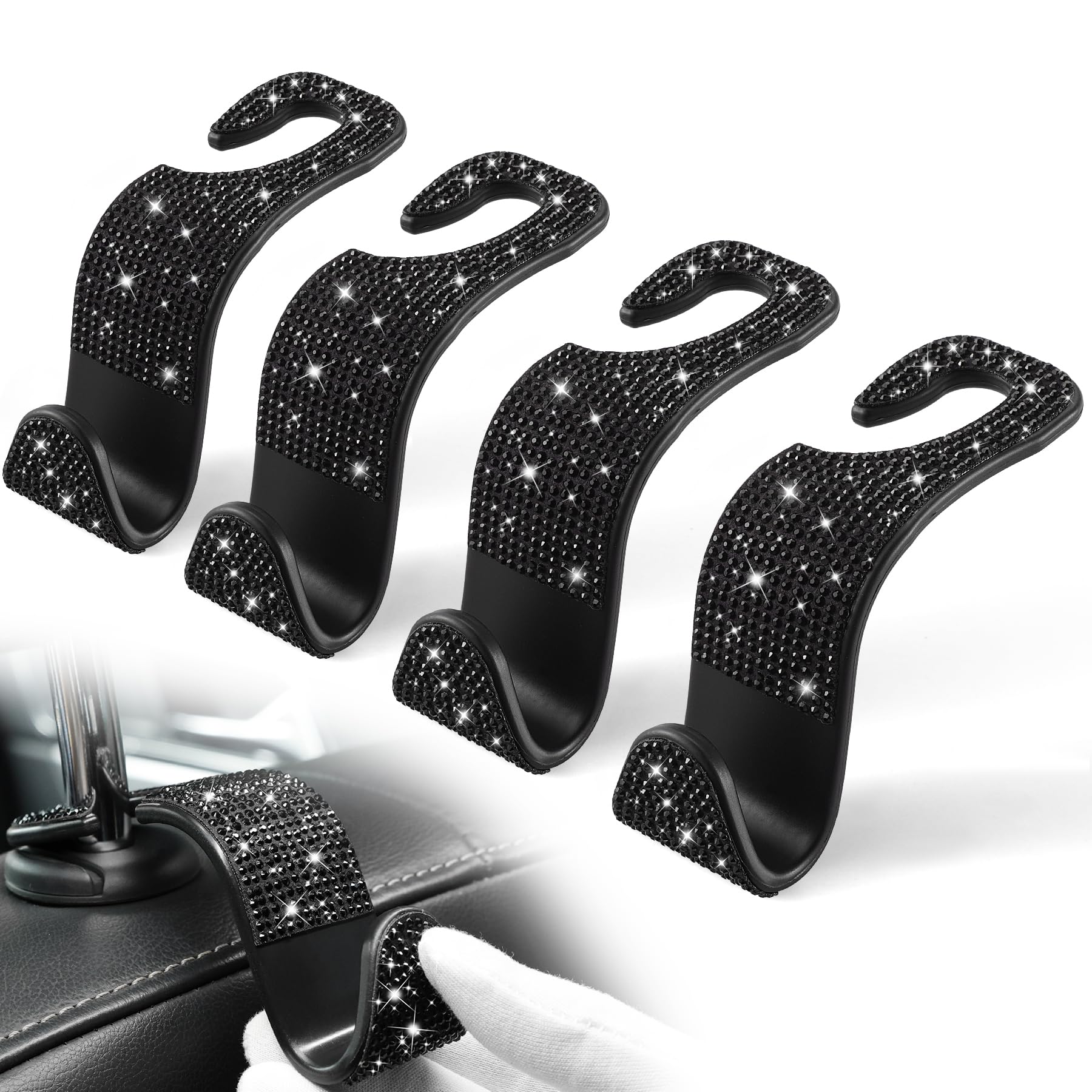 LivTee Car Seat Headrest Hook, Auto Seat Hook Hangers Storage Organizer Interior Accessories for Purse Coats Umbrellas Grocery Bags Handbag, 4-Pack(Bling Black)