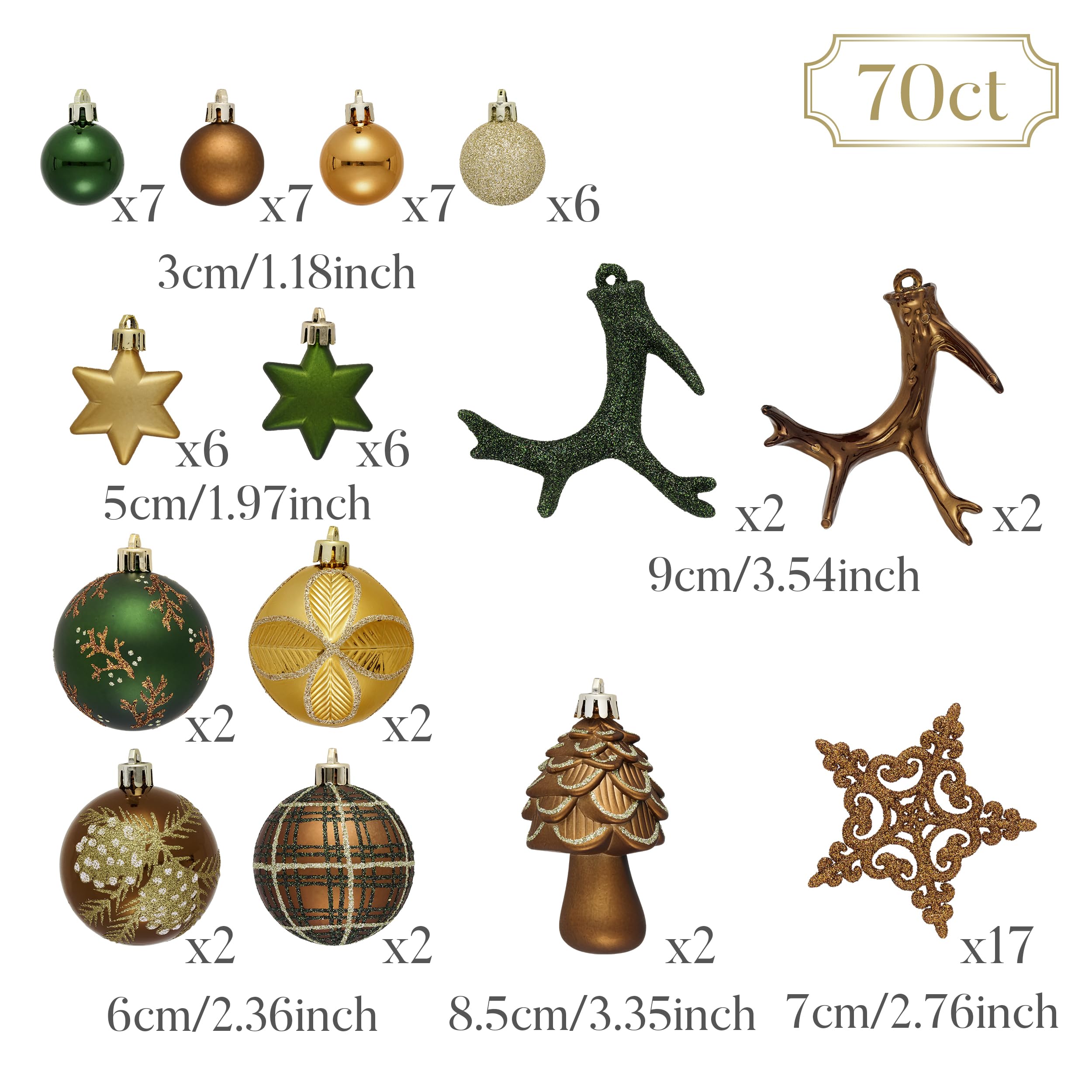 Valery Madelyn Lot de 70 boules de Noël en plastique - Décoration de Noël avec crochet de suspension - Thème forêt (bronze vert)