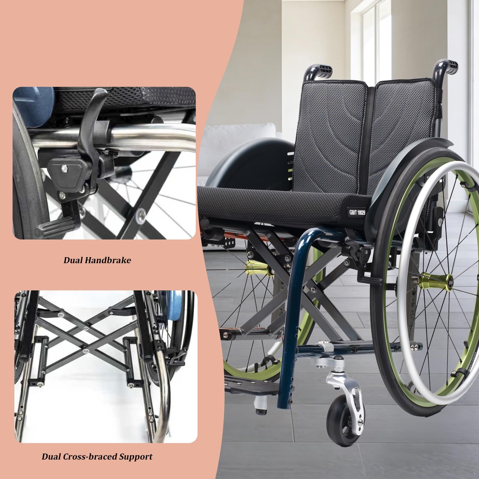 Silla de Ruedas plegable Ultra-ligera de aluminio, autopropulsable, para Minusválidos, portátil, para viajes(43cm/16.9inSeat)