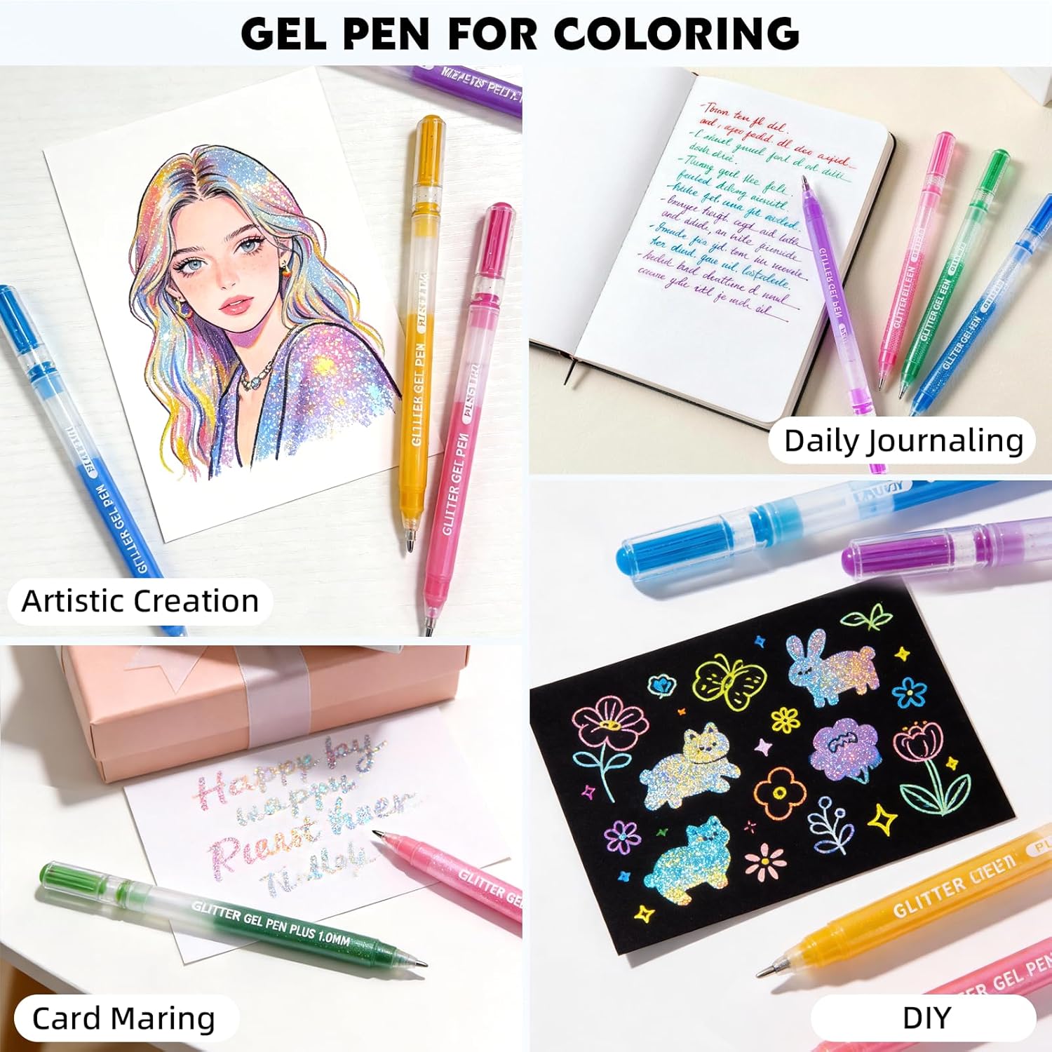 Glitter Gel Pens, 72 Colors Double Shining Colors Glitter Metallic Gel Ink Pen with 1.0 mm Large Capacity Smooth Writing Color Pens for Adult Coloring Note, Drawing, Art Supplies