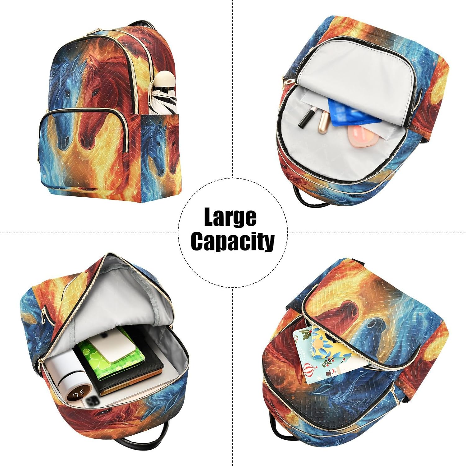 Blue Red Fire Horses Backpack Purse for Women Shoulder Bag Fashion Daypack Ladies Handbag Lightweight Travel Bag Rucksack