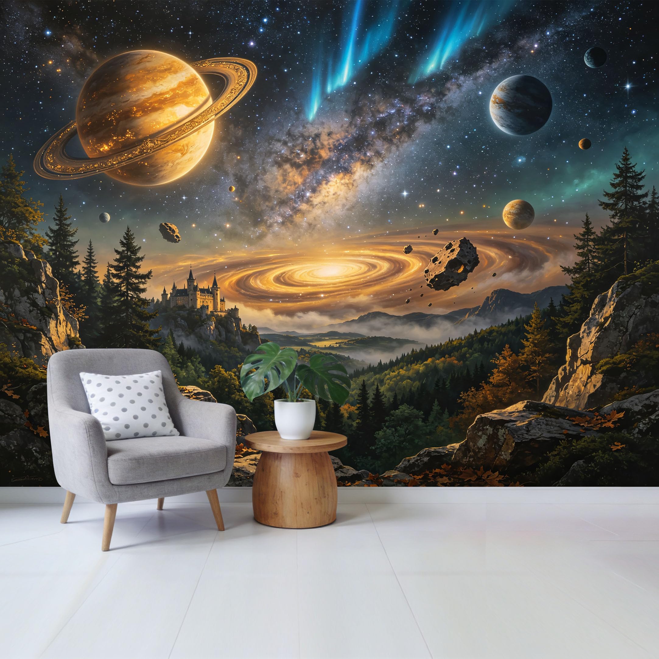 Custom Size Wall Mural Cosmic Galaxy Landscape with Planets Rings and Castle Mountain View Removable Self Adhesive Fabric Home Wall Decor for Living Room Bedroom Bathroom