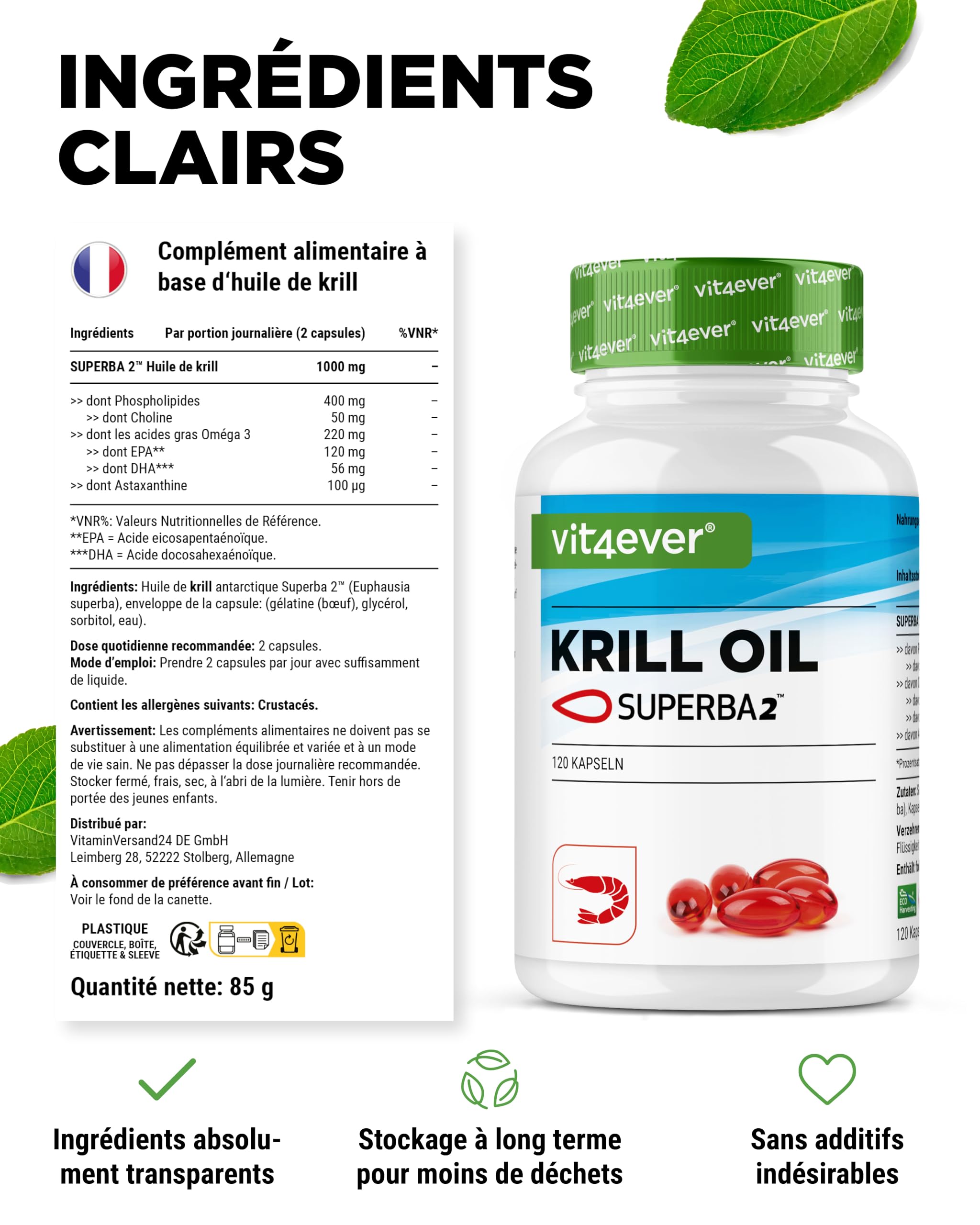 Huile de Krill - 120 Capsules - Premium : Huile de Krill de l'Antarctique Superba - Riche en EPA + DHA + Astaxanthine + Phospholipides + Acides Gras Oméga 3 - De Culture Durable