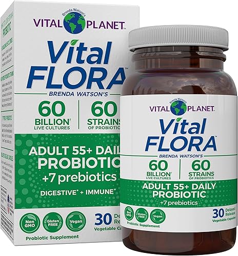 Vital Planet - Vital Flora - Probiótico diario para adultos mayores de 50 años, 60 mil millones de UFC, 60 cepas diversas, 7 prebióticos orgánicos,