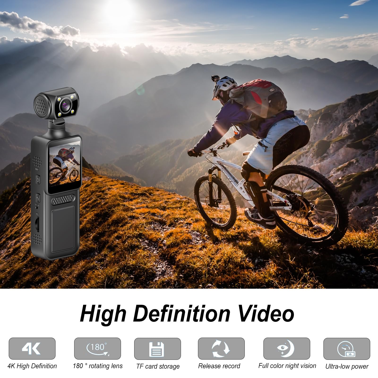 Cámara Corporal 4K 64GB con Lente Giratoria 180° para Deporte Bicicleta Viajes