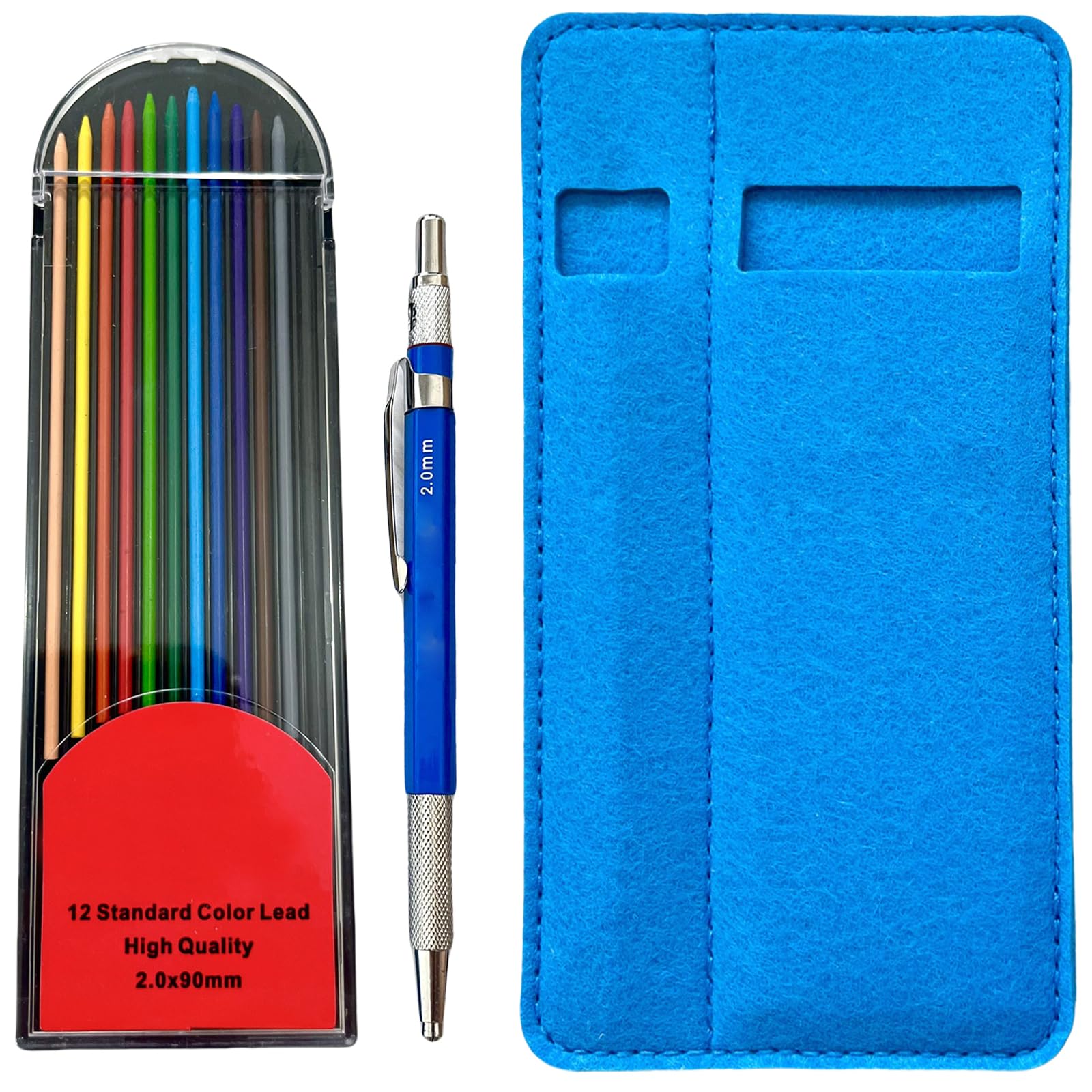 Baodss Mechanical Pencil and 2.0MM Thick Colored Refills Set with Pen Bag for Artist Sketching Woodworking Art Drawing