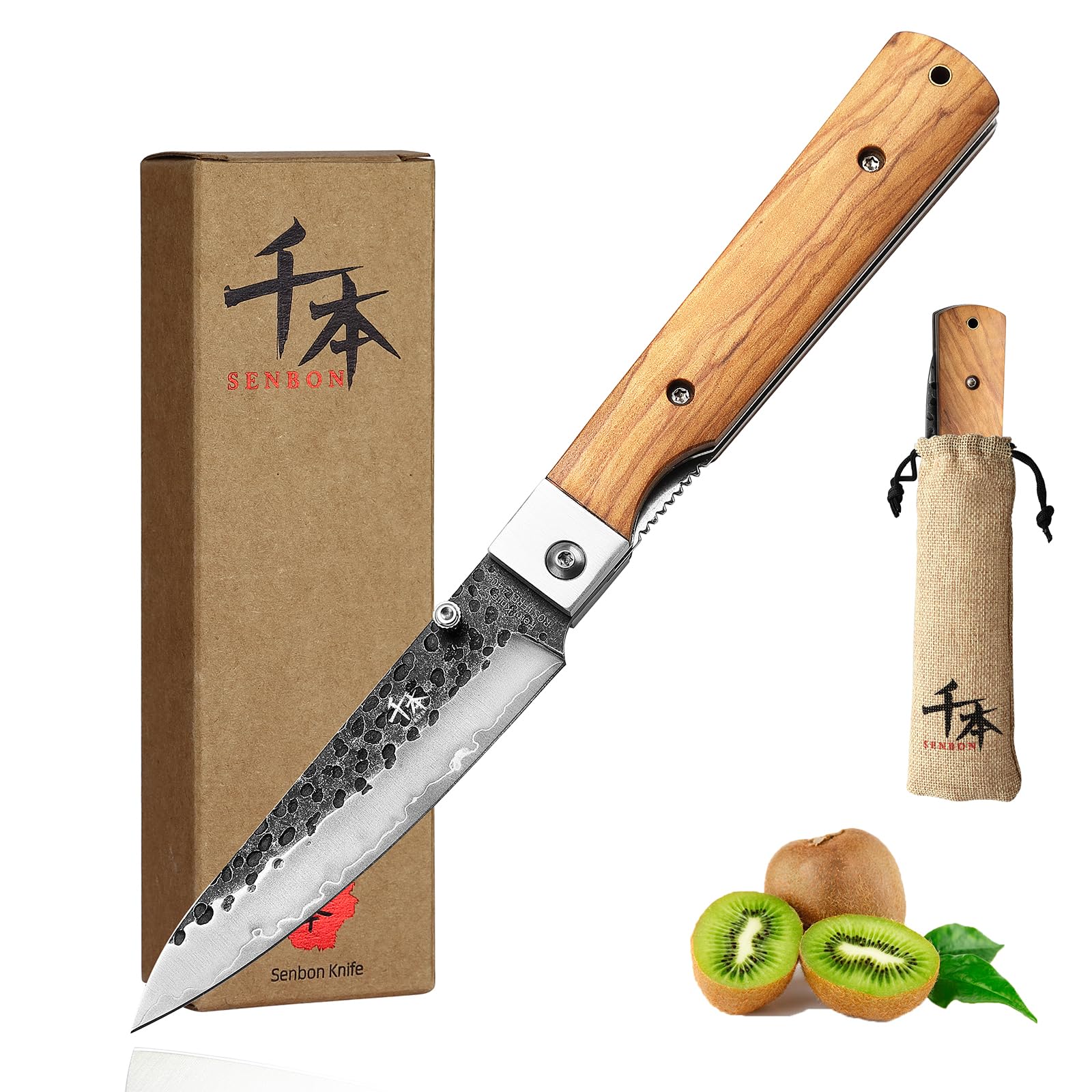SENBON Forged 440 Stainless Steel sharp pocket folding peeling utility knife Natural Olive Handle Camping trip Outdoor Portable fruit knife