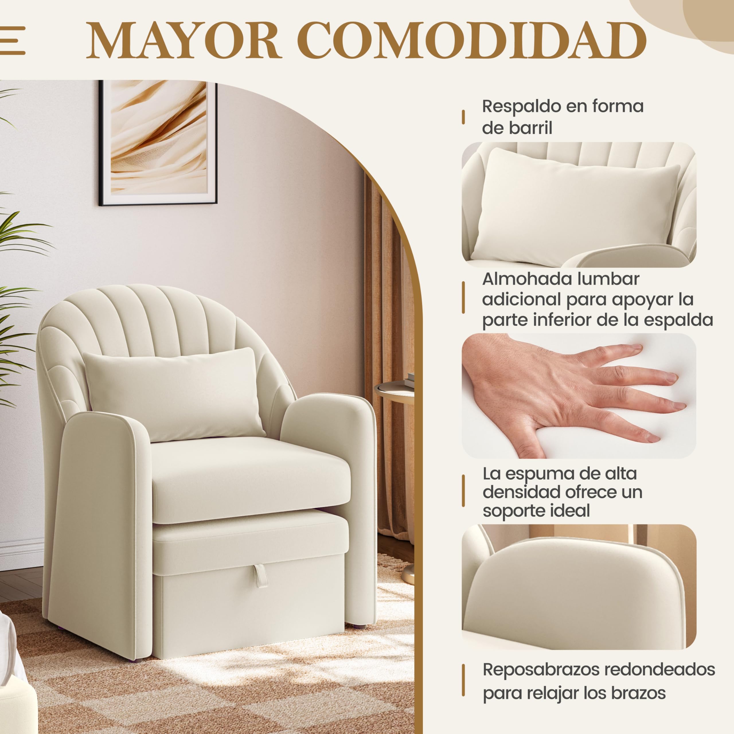 Yaheetech Sillón Relax de Diseño Floral con Reposapiés Almacenamiento Beige | Sillón Lectura para Salón y Sala de Estar, y una Almohada, Carga de 136 kg, Apto para Espacios Reducidos