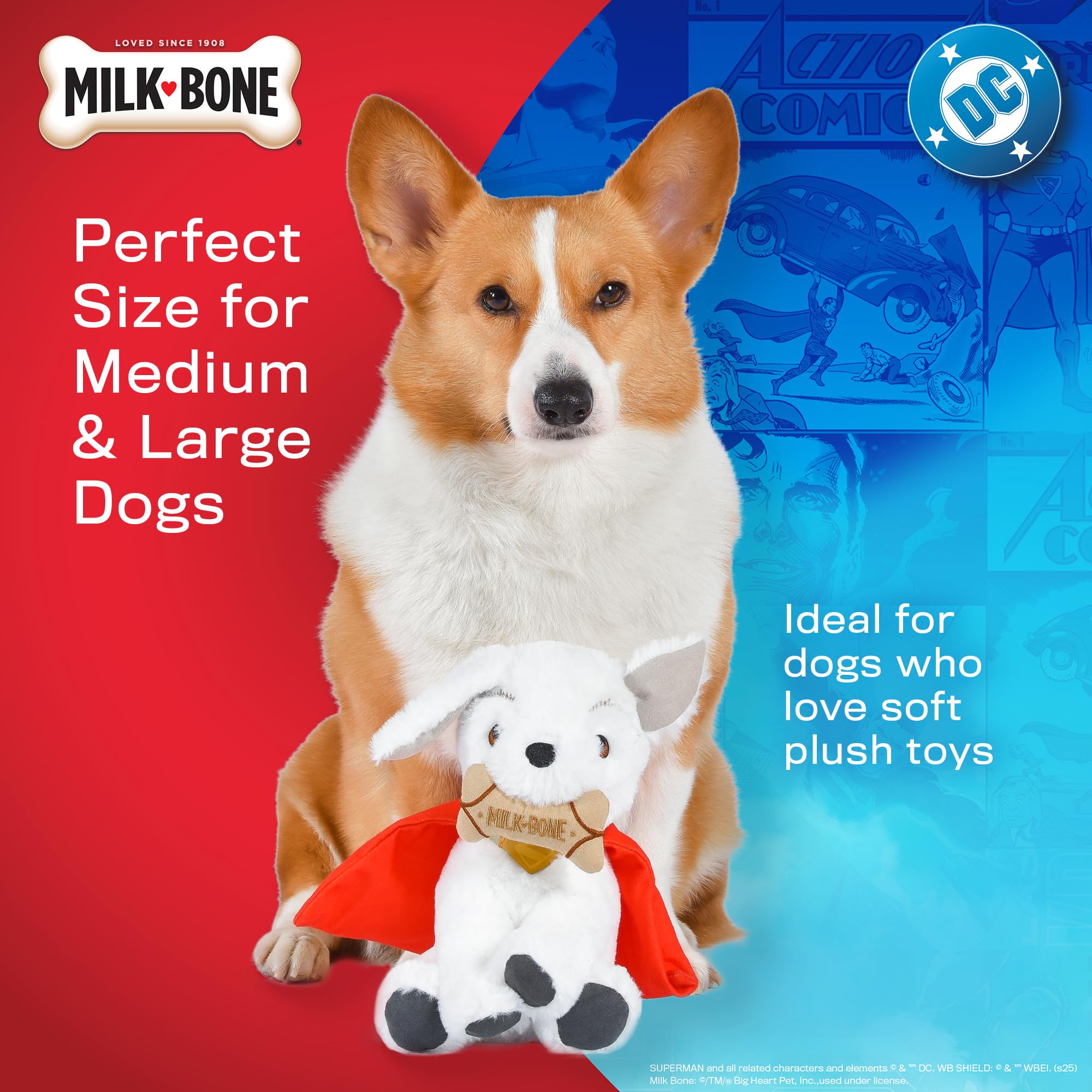 DC Comics Superman Krypto The Superdog Plüsch-Hundespielzeug – weiches quietschendes Hundespielzeug mit Knistergeräuschen, Umhang & Milchknochen-Leckerli-Design, 19,1 cm