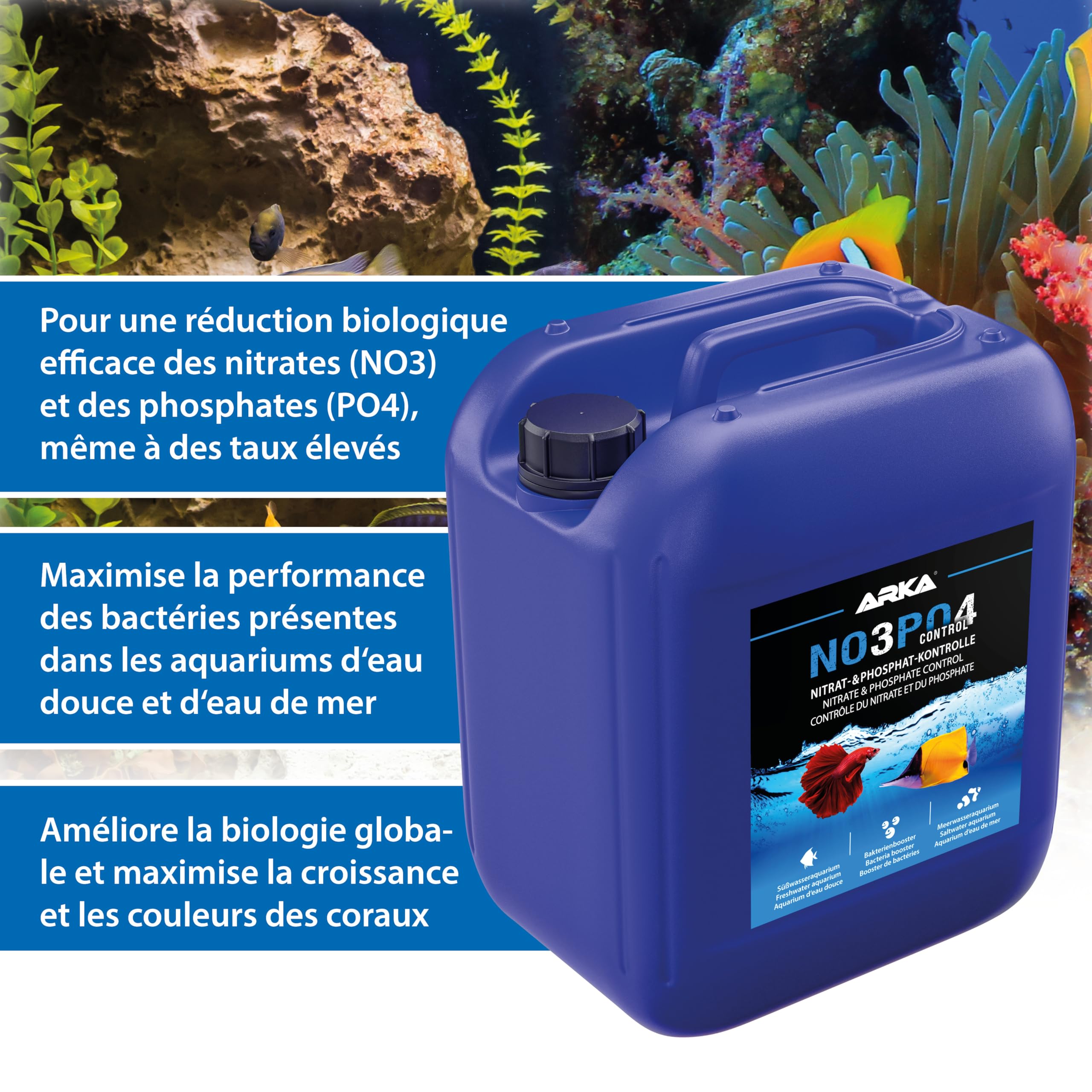 Anti-Nitrates et Phosphates pour Aquarium 5000 ML - NOPO Control NO3 PO4 | booster bactérien, réduit nitrates et phosphates, paramètres stables, agit sur les causes des algues, eau douce, eau de mer