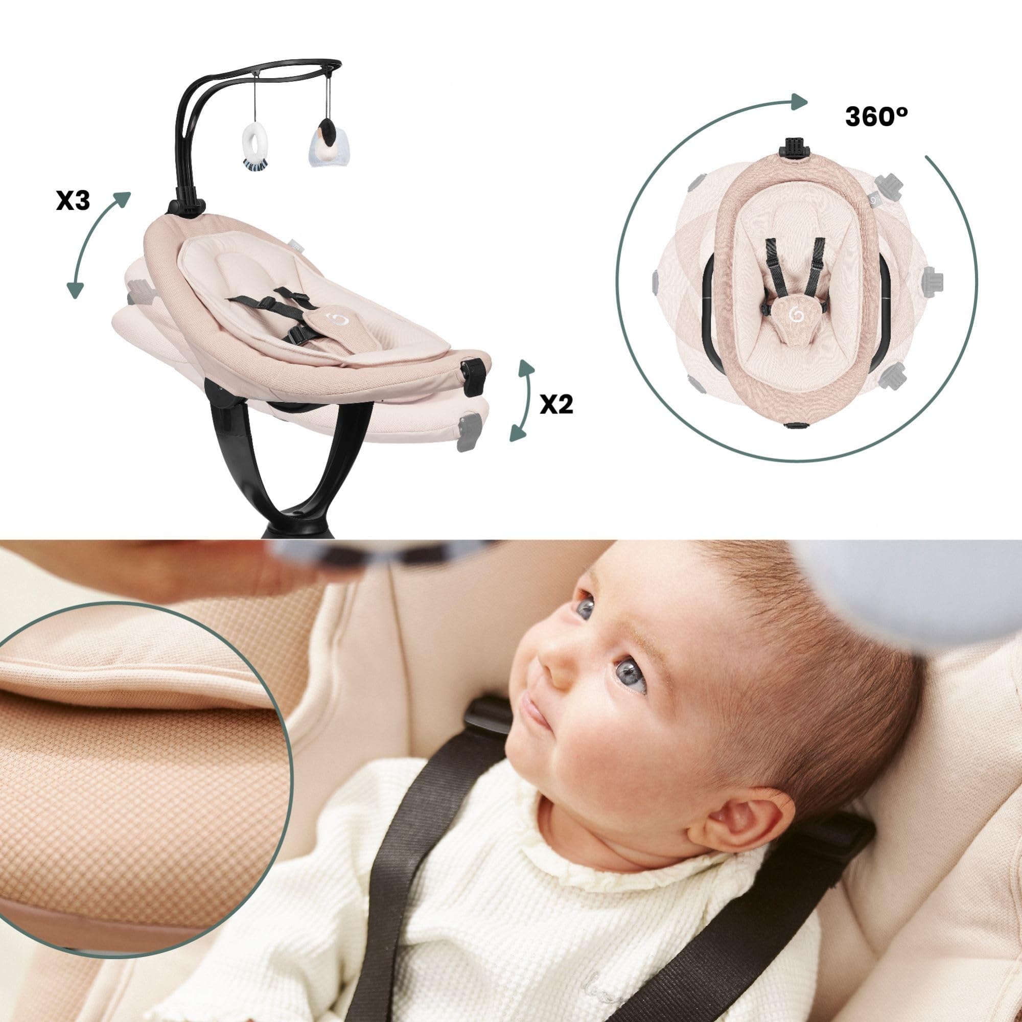 Babymoov Elektryczna huśtawka dziecięca Swoon Evolution Moccapołączona z aplikacją mobilną - strumieniowe przesyłanie muzyki, nagrywanie głosu i niestandardowe kołysanki - Siedzenie 360°- Reduktor