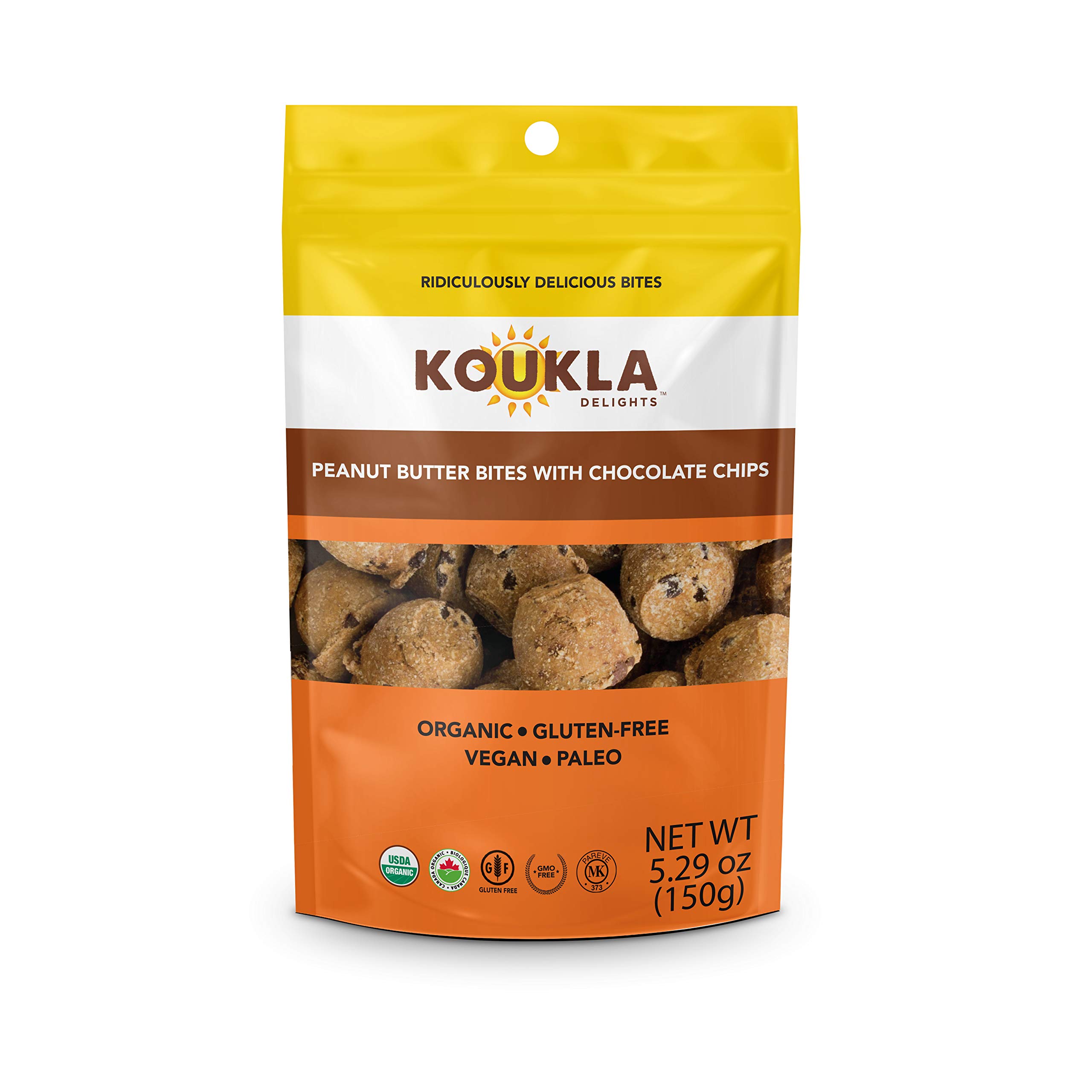 Koukla Delights –Chocolate Chip Peanut Butter Bites, Organic, Gluten-Free, Non-GMO, Vegan, Paleo, Kosher Bites 5.29 oz (Single bag)