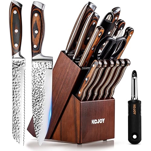 Knife Sets for Kitchen with Block - 16 Piece Kitchen Knife Set with Block, Stainless Steel Hammered Kitchen Knives Set for Kitchen with Sharpener Rod, Kitchen Knife Sets with Block