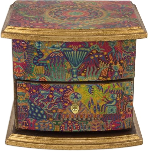 NOVICA Colorful Decoupage On Pinewood Jewelry Box with Drawers, 'Huichol Vision'