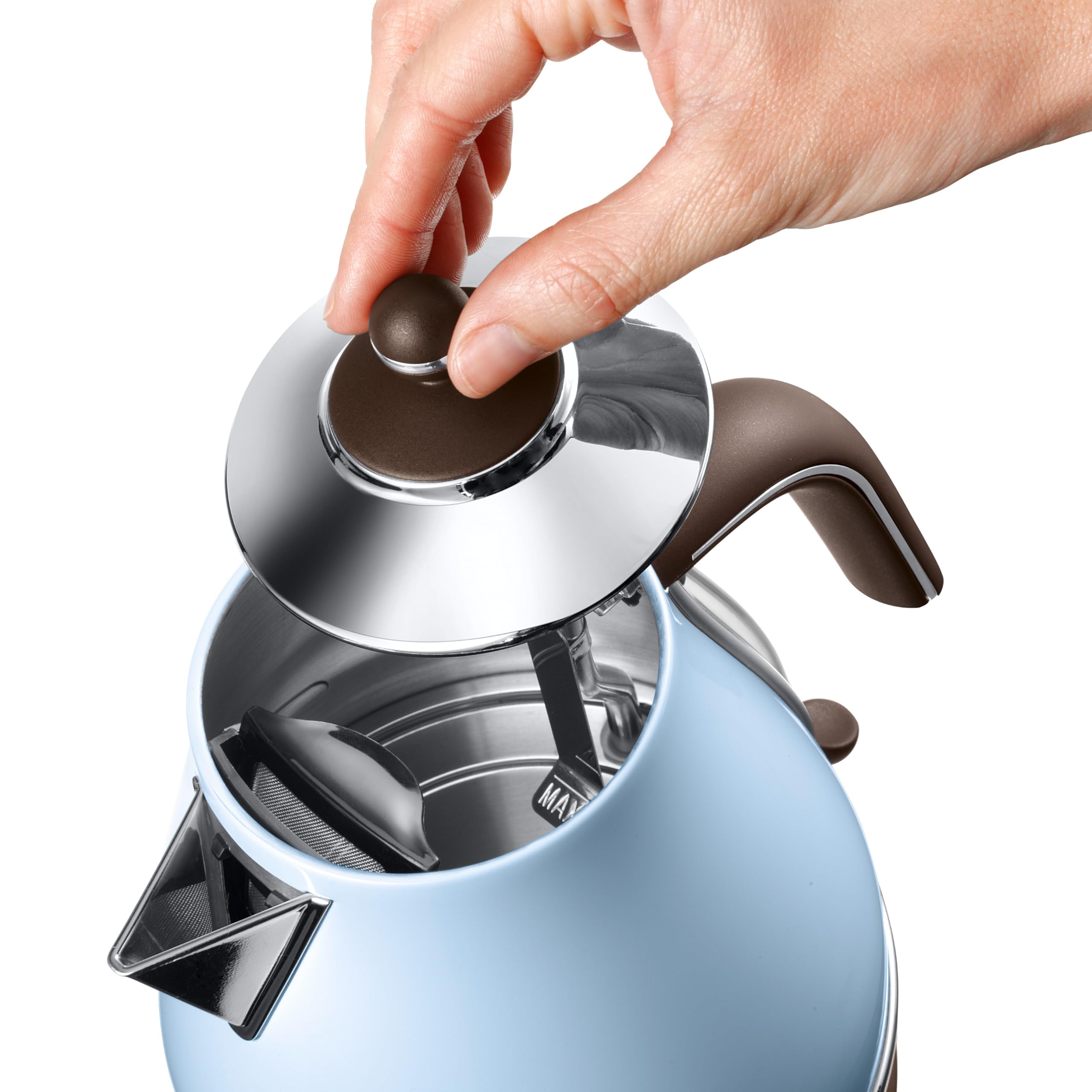 De'Longhi Czajnik elektryczny Icona Vintage KBOV2001.AZ – 1,7 l ze wskaźnikiem poziomu wody i podstawą 360°, stal szlachetna w eleganckim stylu retro z chromowanymi elementami, niebieski, 23 x 25 x 23