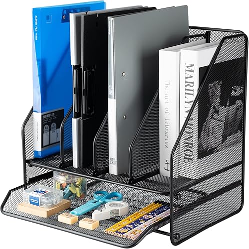 Organizador de escritorio de malla, soporte para archivadores, con 4 compartimentos verticales y 1 compartimento inferior, organizadores de