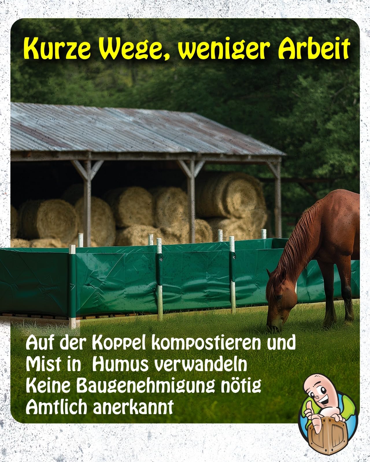 MiKoWa Kompostier-Wanne für Pferdemist – 3,1 m³ – Mobil & wasserdicht – amtlich anerkannt – Alternative zur Mistplatte/Dunglagerstätte – Opt. Abdeckung – von Wurmwelten