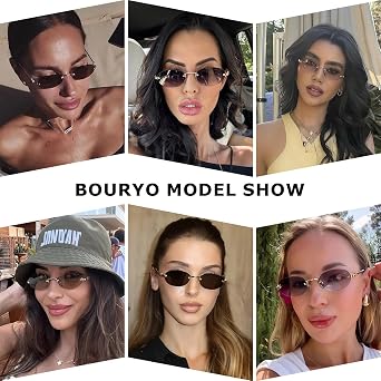 Bouryo Retro Small Oval Sunglasses for Women, Trendy Metal Gold Rimless Sun Glasses,Fashion Narrow Y2k sunglasses