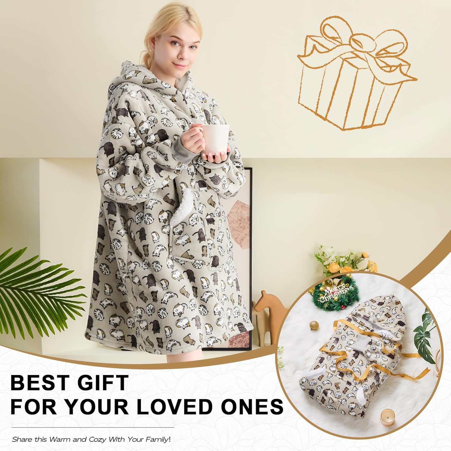 Wearable Blanket Hoodie for Adult Women, Oversized Sherpa Fleece Hooded Sweatshirt Blanket, Cozy Blanket Hoodie with Sleeves, Blanket Hooded for Winter Gift (Standard, Grey Cat) - Image 6