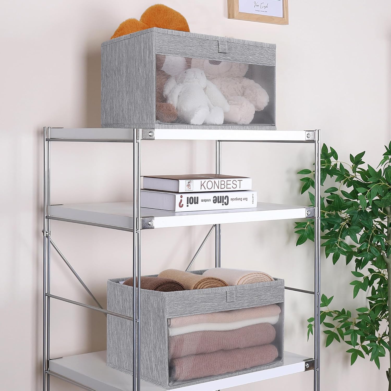 WUIKE Foldable Storage Bins, Clear Window Bins, Light Gray, Large, 3-Pack image 5