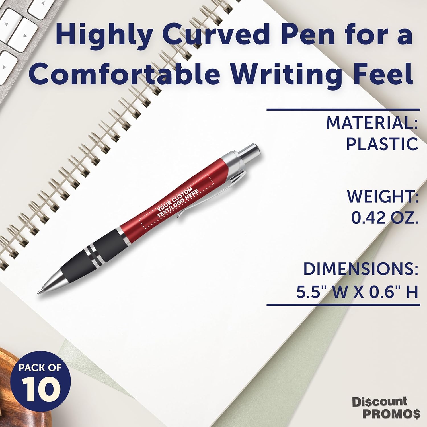Personalized Plastic Pens Silver Accent Grip, Custom Logo & Text Printing, Pack of 10 by DISCOUNT PROMOS - Ideal for Business, Events & Trade Shows – Red