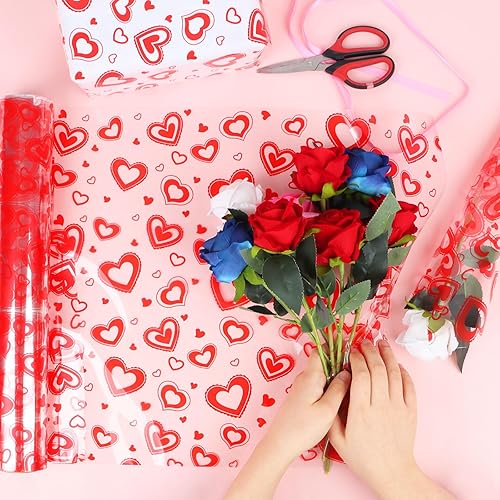 Miniatura 5 de JOFONY Envoltura de celofán para el día de San Valentín, 98 pies de largo x 31 pulgadas de ancho, transparente con corazones rojos, papel de regalo