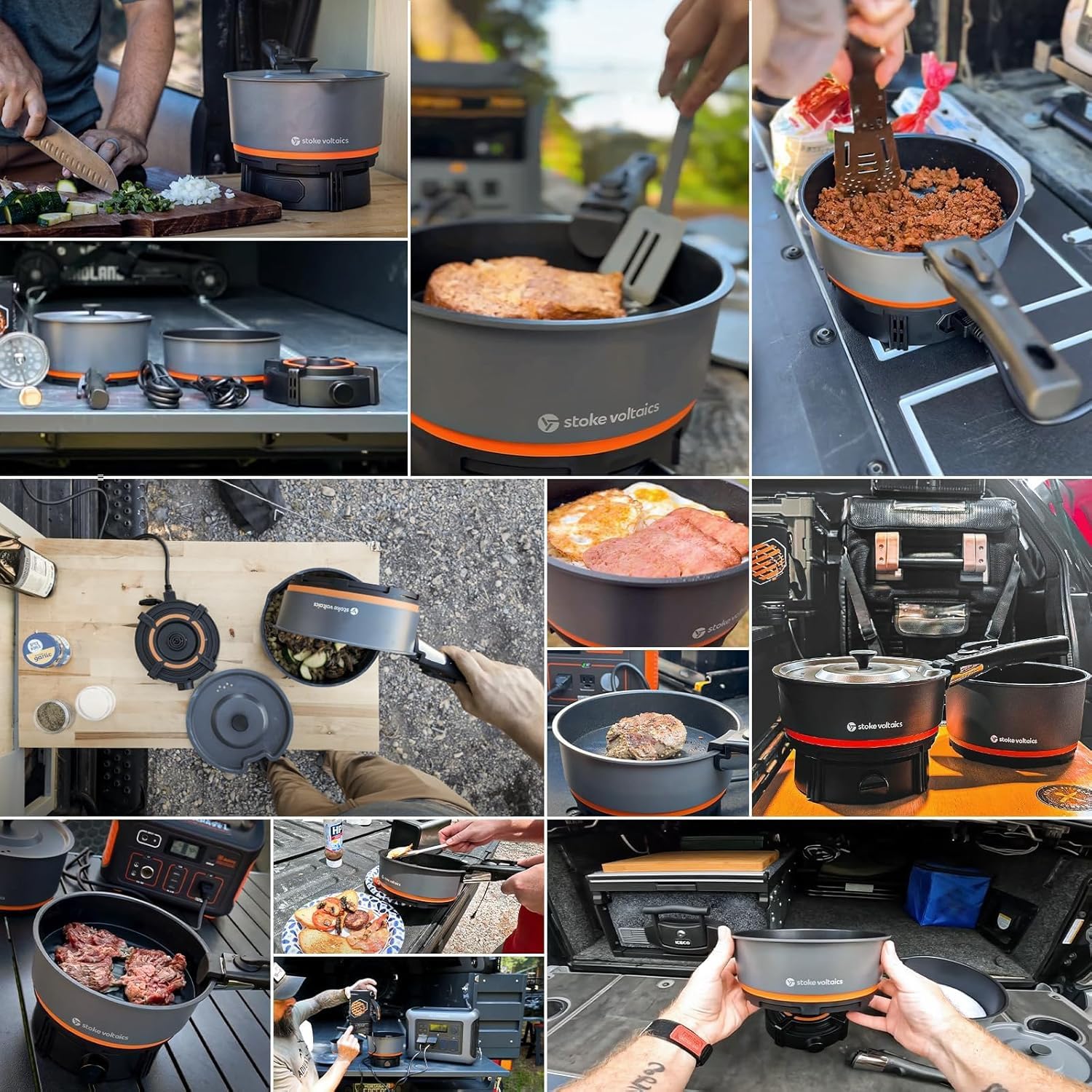 Stoke Voltaics Nomad - Sistema de cocina con bolsa, estufa eléctrica de camping de 200-1000 W con sartén y olla, juego de equipo de cocina portátil de 120 V al aire libre, utensilios de cocina