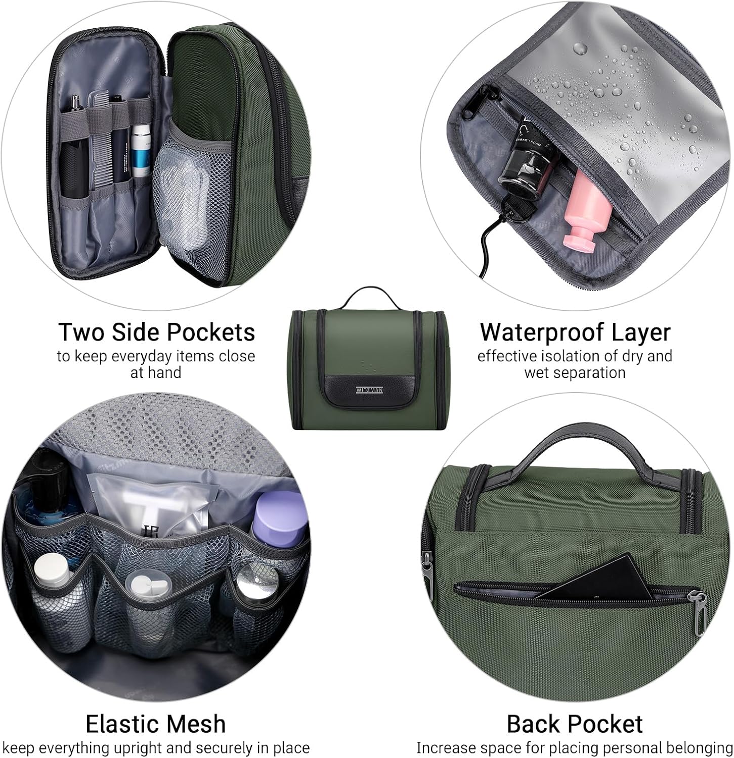 WITZMAN Toiletry Bag for Men Women Large Hanging Multi-organization Bathroom Bag Water-resistant Dopp Kit Shaving Bag Men(B690 Army Green)