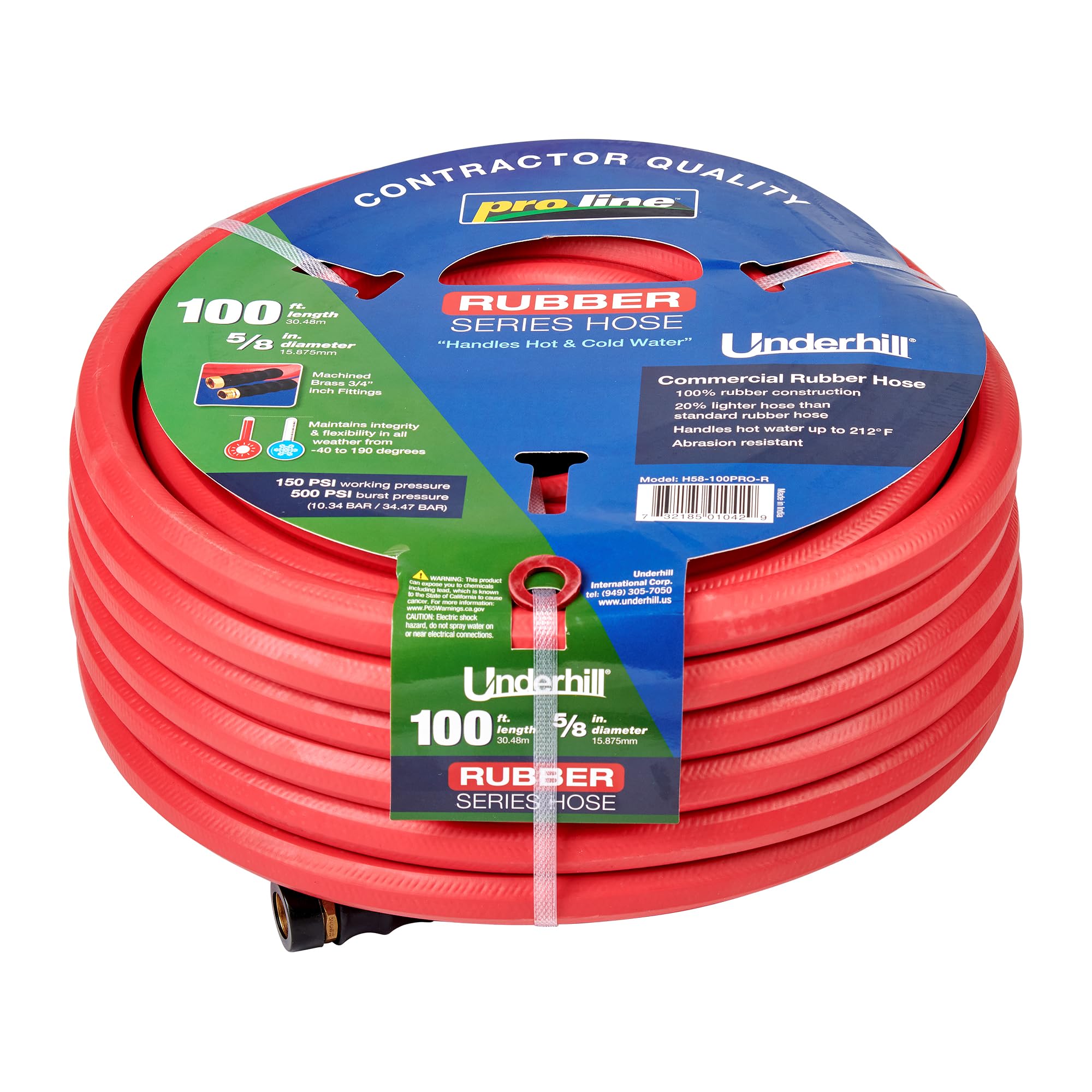 UnderhillProline Rubber Series Heavy-Duty Garden Hose for Hot or Cold Water, Lightweight, 500 PSI BP, 150 PSI WP, H58-100PRO-R 5/8 Inch x 100 ft Red