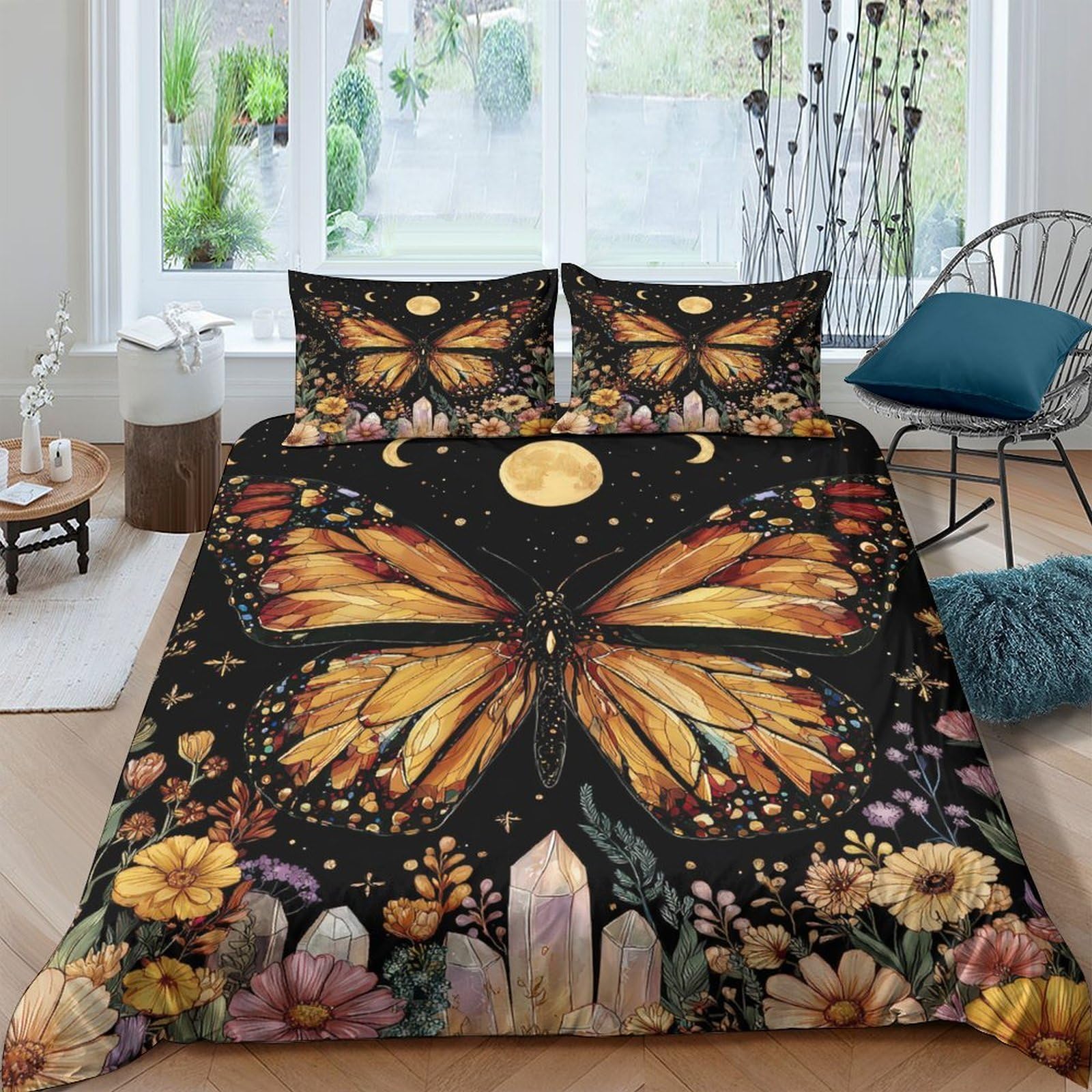 GPLZQXKJNH 3D Printed Butterfly Moon Duvet Cover Microfiber Soft Breathable Floral Quilt Cover Set with 2 Pillowcases for Bedroom Decor, Single（135x200cm）