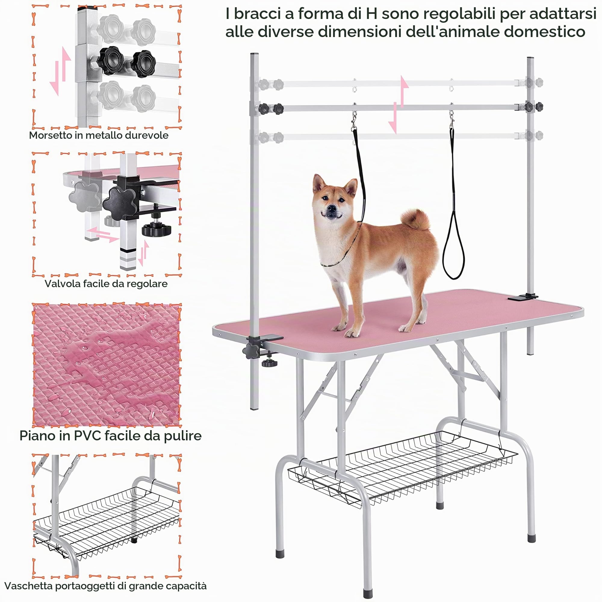 Yaheetech Tavolo da Toelettatura Cani Tosatura per Cani Gatti Animali Pieghevole Rosa 118 x 61 x 177 cm