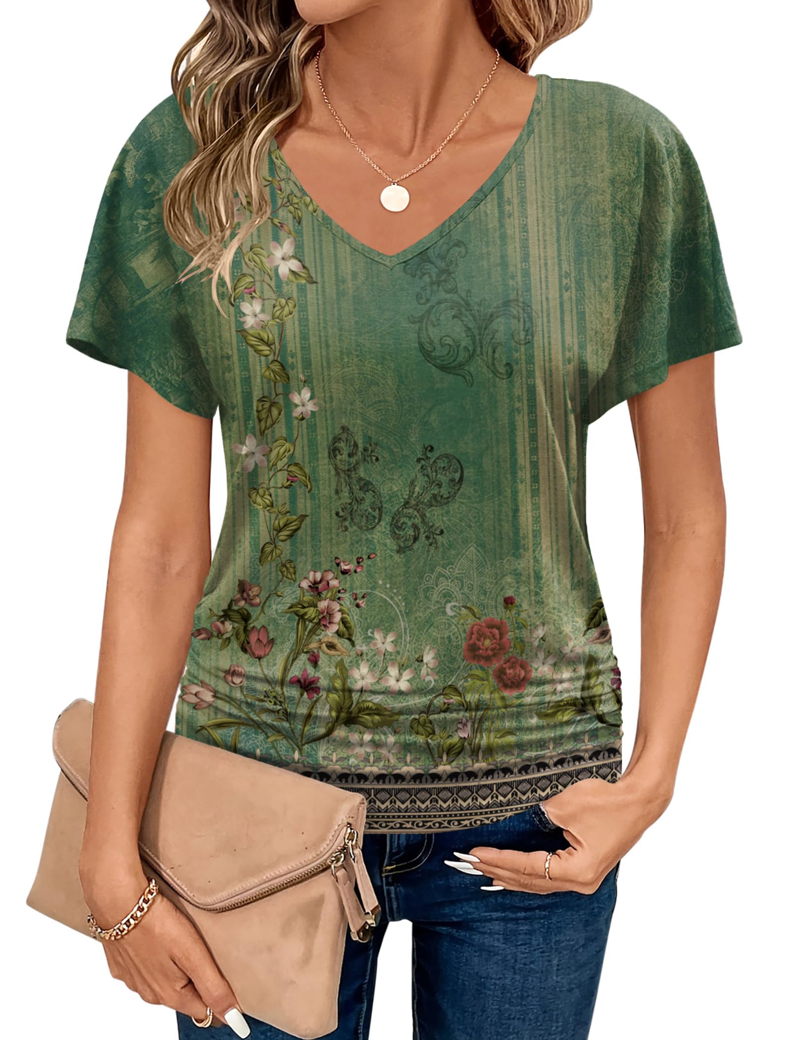 Zeagoo Women's Short Sleeve Shirts V Neck Blouse Ruched Business Casual Basic Tunic Tops S-3XL