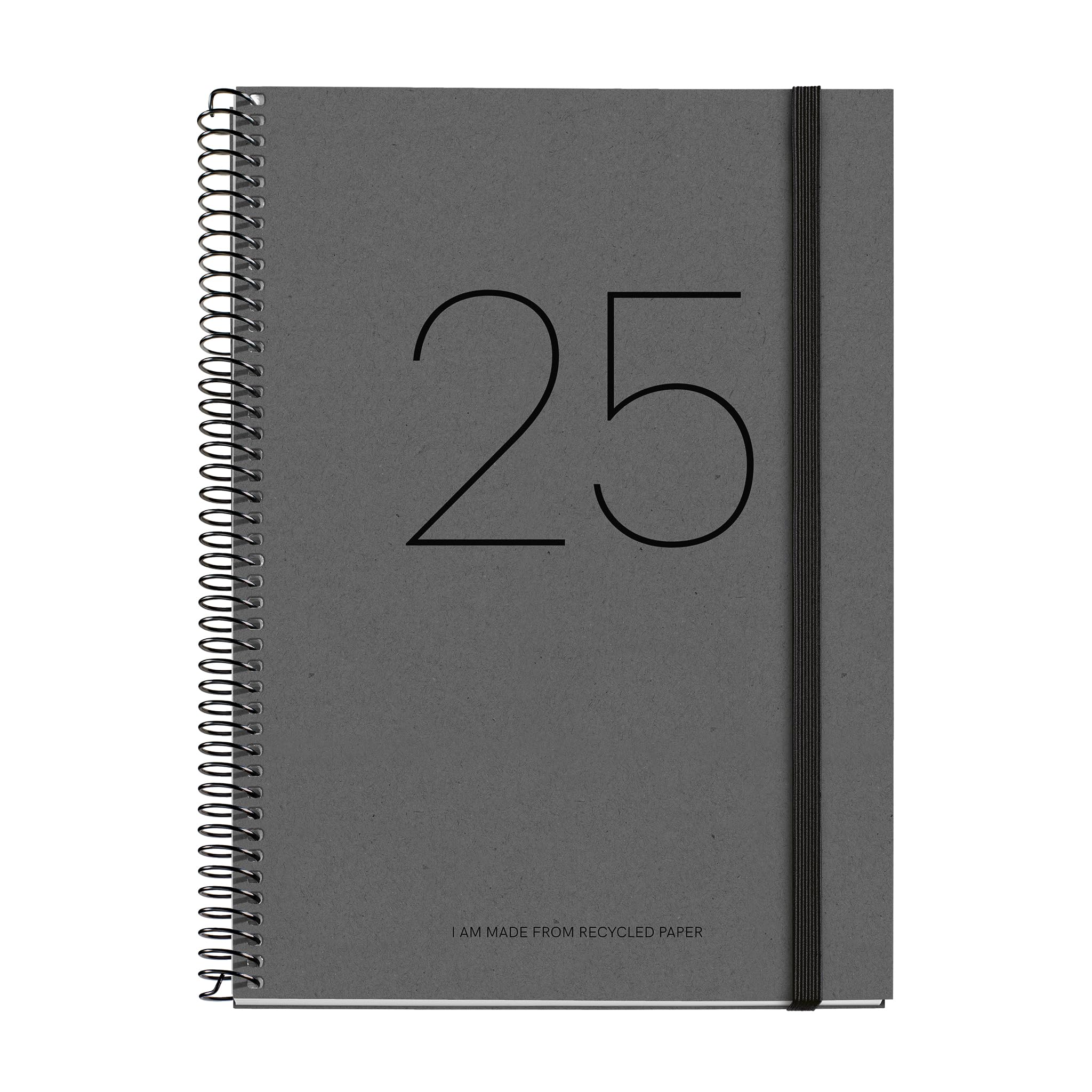 Miquelrius - 2025 Diary, Yearly Diary 155 x 213 mm, Week to View Agenda, Recycled Cover Lined Cardboard, Recycled Paper 100 g/m², Rubber Closure, Catalan, English and Portuguese, Recycled Diary Black