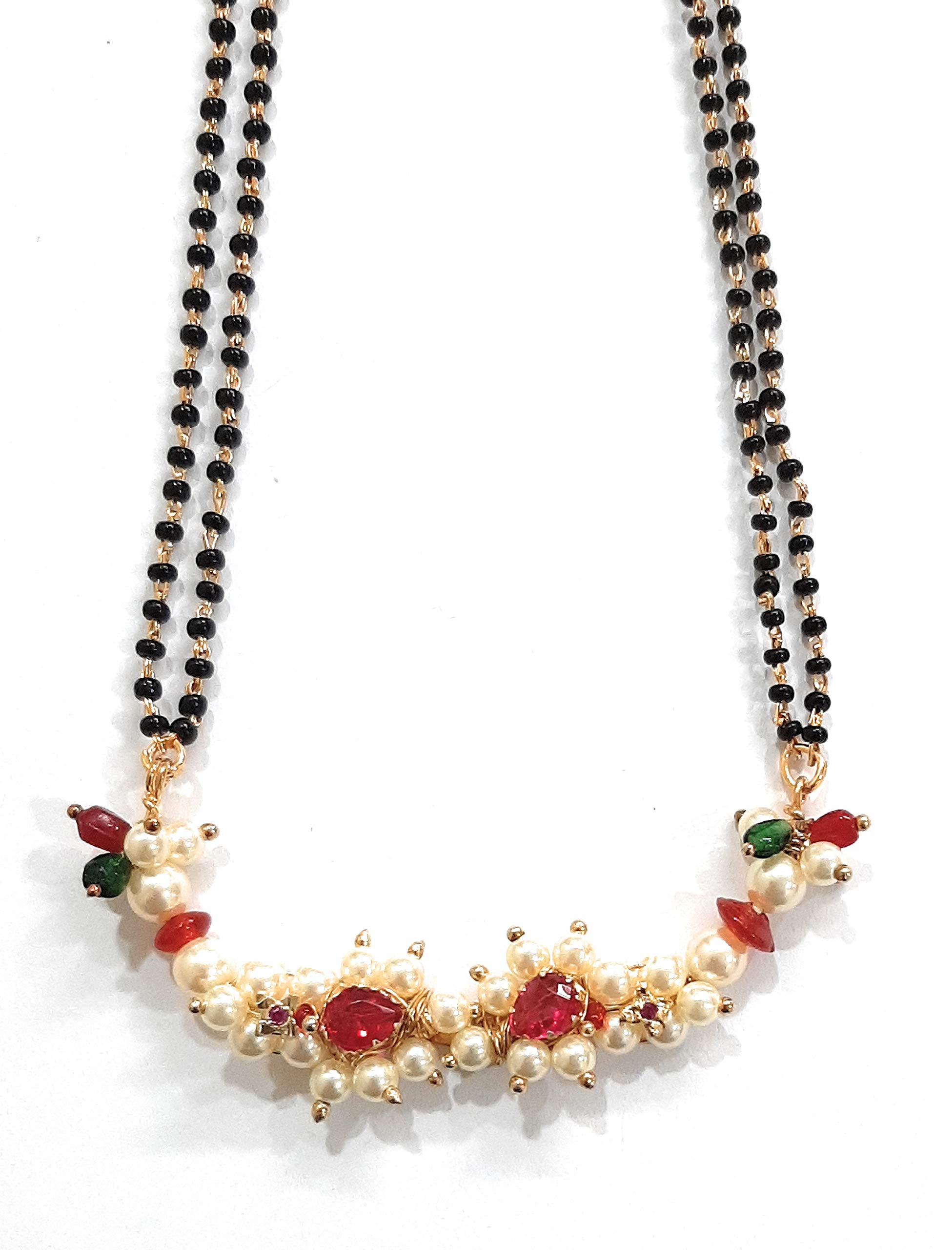 Moteeya red green white pearl and american diamond 'nuth' pendant mangalsutra set with mathching earring in black beads ganthan gold platted for women-image-7