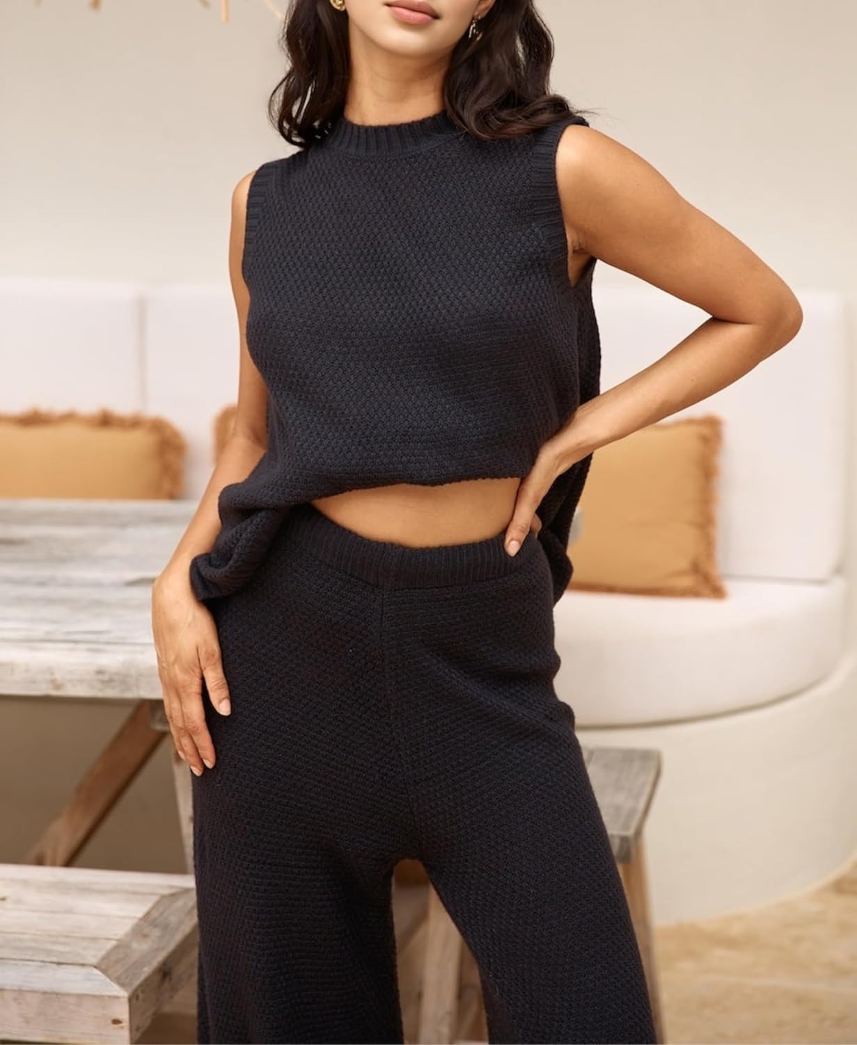 PUWEI Women's 2 Piece Lounge Set Bow Sweater Vest Wide Leg Pants Summer Matching Sets Travel Outfits Knit Tracksuit Sweatsuit - Image 5