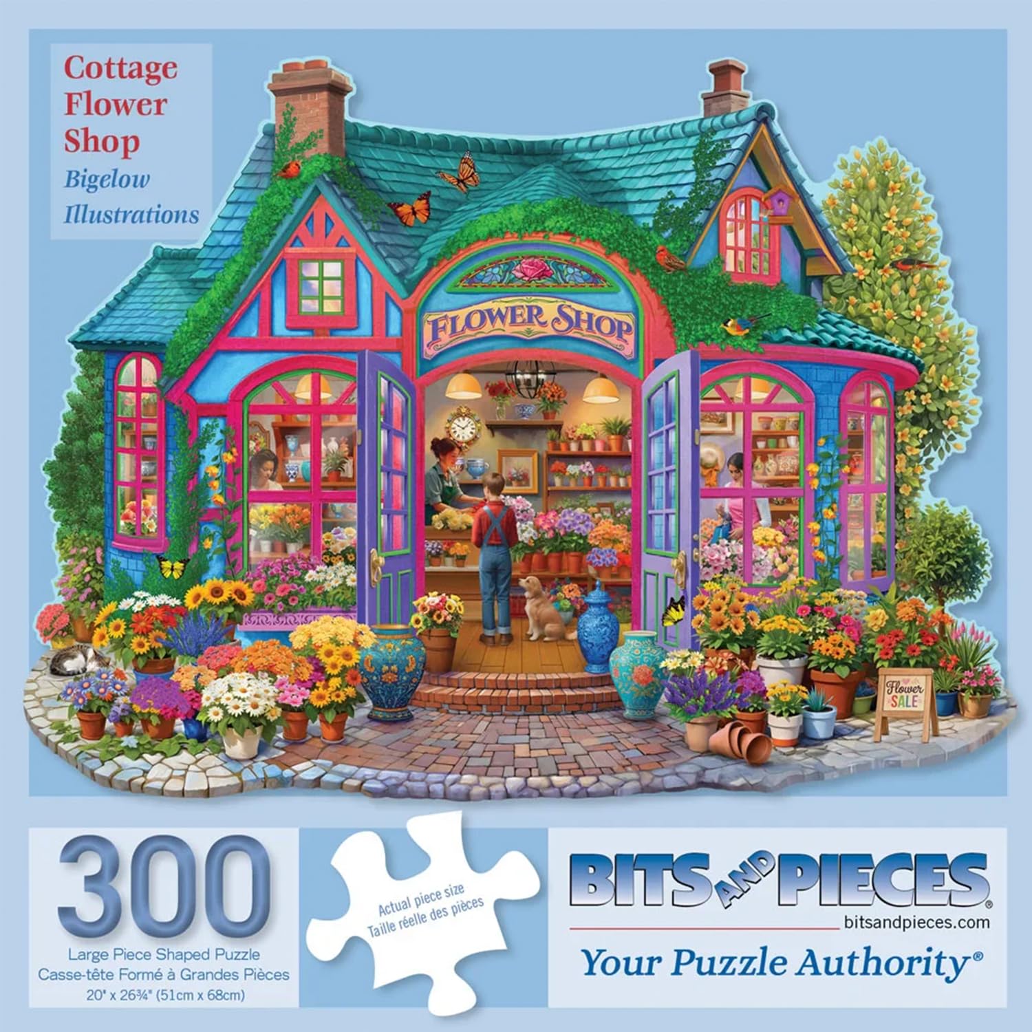 Bits and Pieces 300 Piece Puzzles for Adults - Cottage Flower Shop - 300 Large Pieces 18" x 24" Jigsaw Puzzles, Floral House Shaped, No 2 Pieces Alike