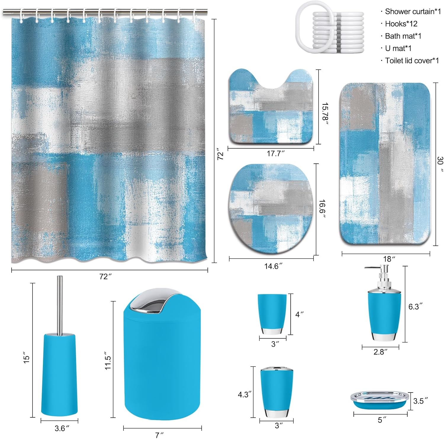 Lnond Brown Bathroom Set, 23-Piece Brown Geometric Bathroom Decor Set with with Shower Curtain and Rugs, Trash Can, Toilet Brush Holder Set & Soap Dispenser