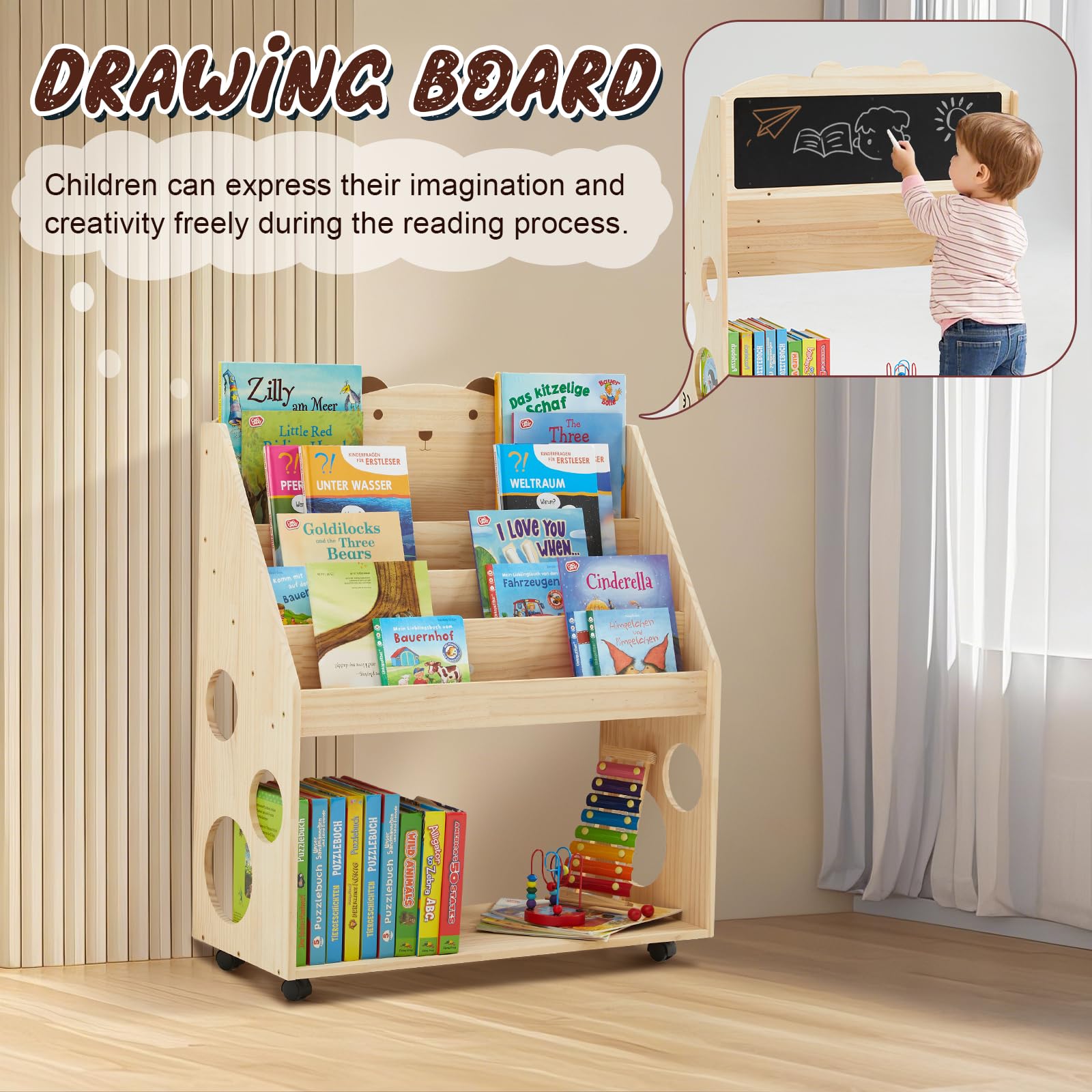 Kinder Bücherregal Montessori mit Rollen & Tafel, 5-stöckiges Kinderregal Kinderbücherregal Kinderzimmer, Bücher Kinder Regal aus Holz, Spielzeugregal Aufbewahrungsregal Natur