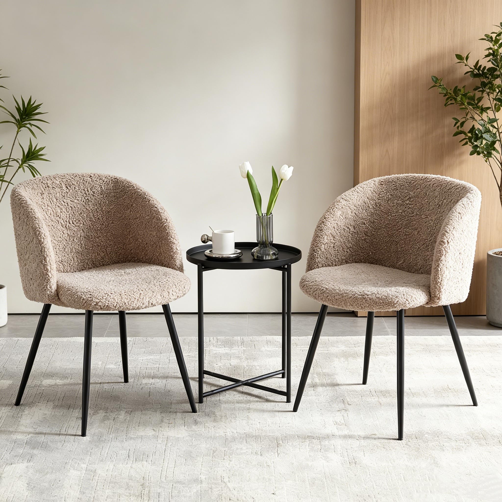 NORDICANA Dining Chairs Set of 2, Kitchen Chair, Upholstered Faux Fur Armchair with Barrel Back and Sturdy Metal Frame Legs, for Dining Room, Kitchen, Living Room, Home Office (Light Brown)