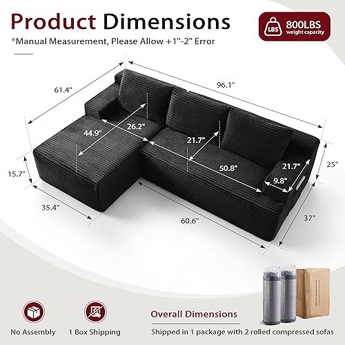 Vista 2 de Sofá modular moderno de 96 pulgadas para sala de estar, sofá modular tapizado, sin hueso, cómodo sofá nube con diván en forma de L