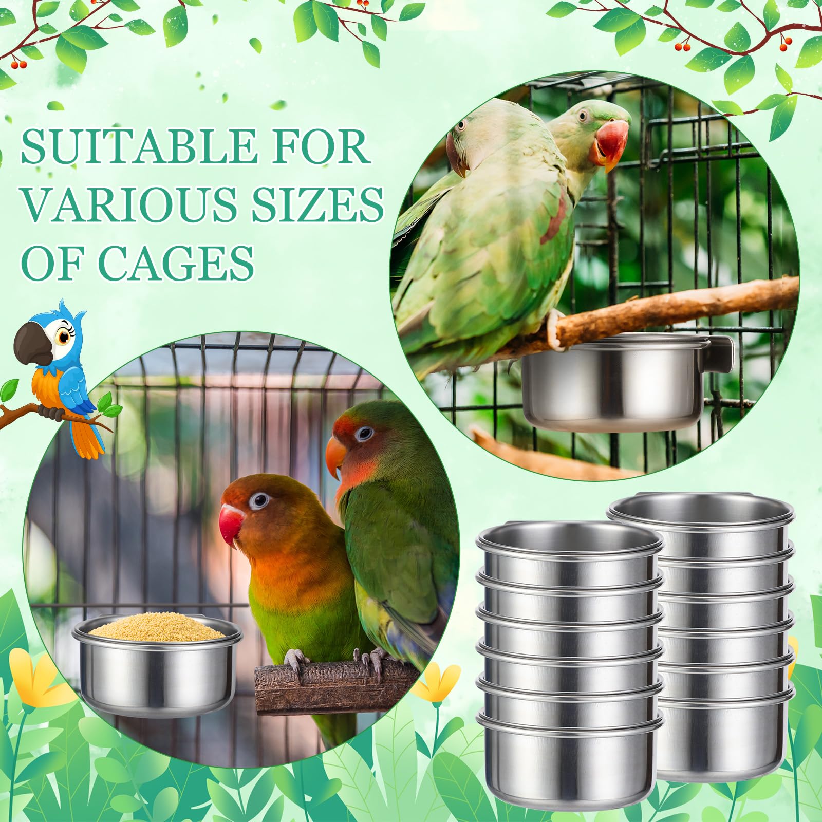 12 Pcs 10 oz Stainless Steel Bird Feeding Dish Cups Bird Feeder with Clamp Parrot Food Cups for Cage Pet Water Cage Bowls for Budgies Parakeet Cockatiel Small Animal - image 5