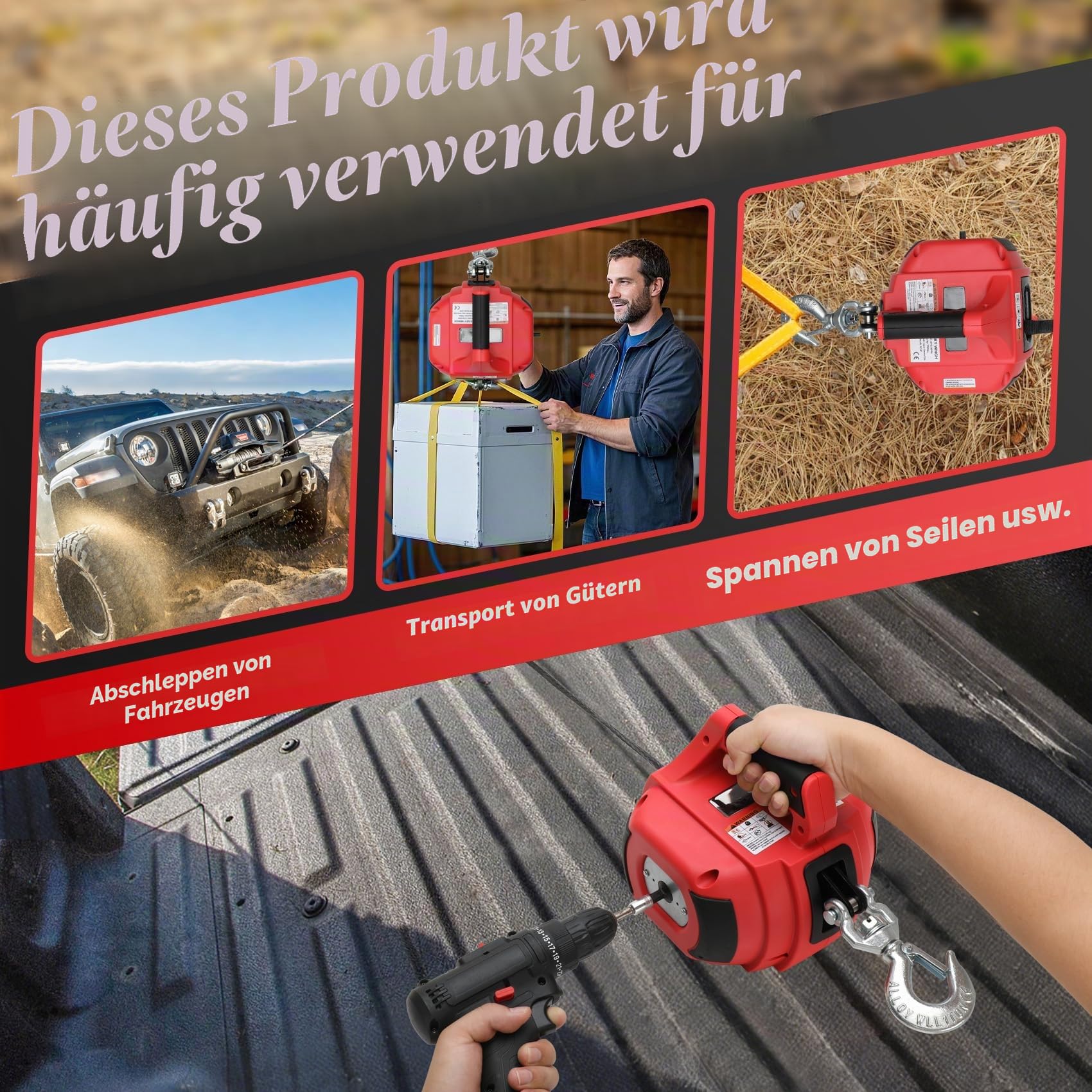Tragbare Bohrwinde von 453,6 kg, rote Handbohrwinde mit 12 m langem synthetischem Seil, drehen Sie den Haken um 360 Grad, zum Anheben und Ziehen (rot)