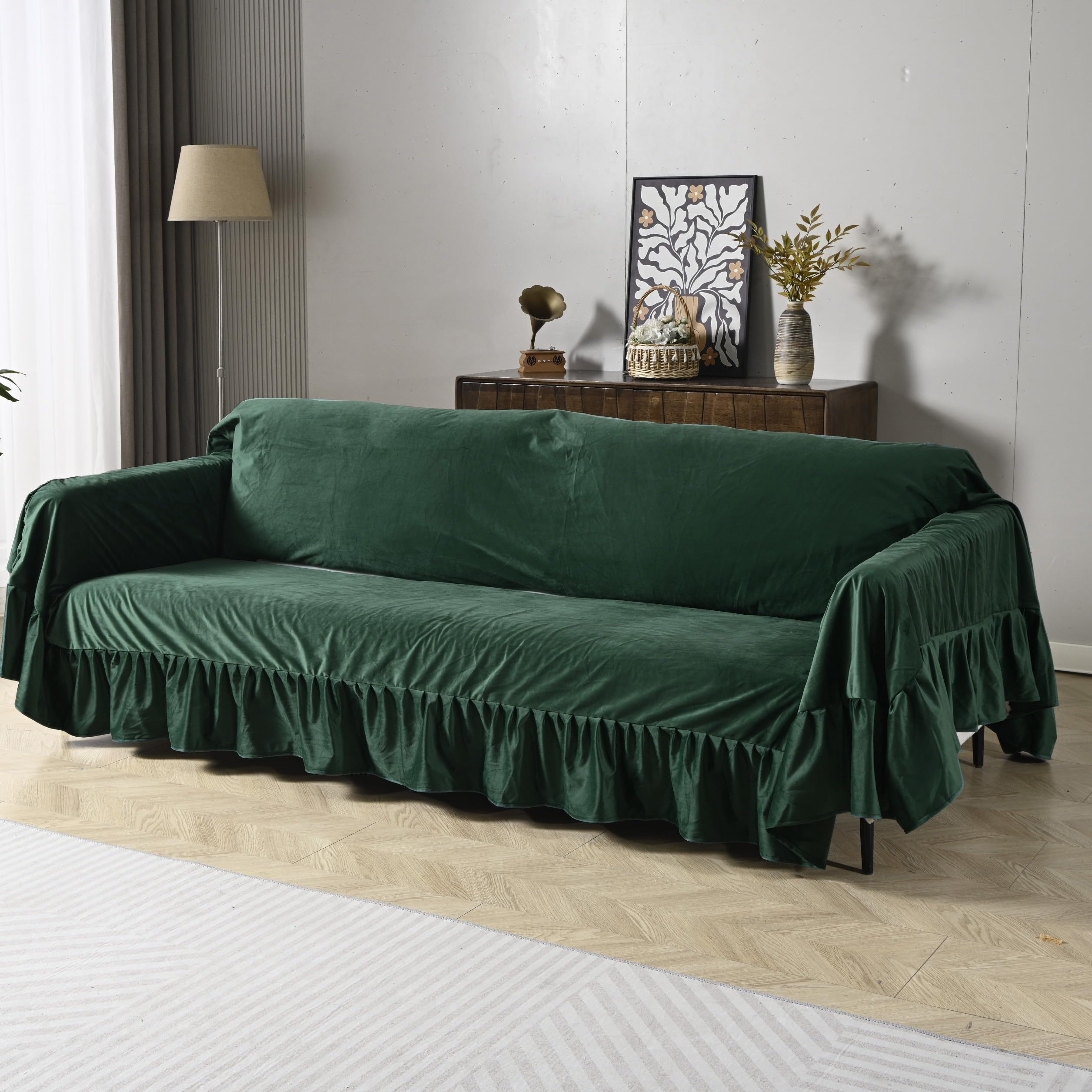 Photo 1 of QNMLWLH Extra Large Velvet Sofa Throw Cover with Ruffle Trim, 78.7x134 Thick Decorative Couch Cover for 3-Cushion Sofa, Regal Victorian Style Furniture Protector,Green
