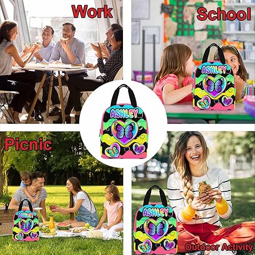 Miniatura 5 de Lonchera personalizada para niños con nombre, rayas de arco iris, mariposa, aislada con 2 bolsillos, bonita lonchera para niños, niñas, bolsas
