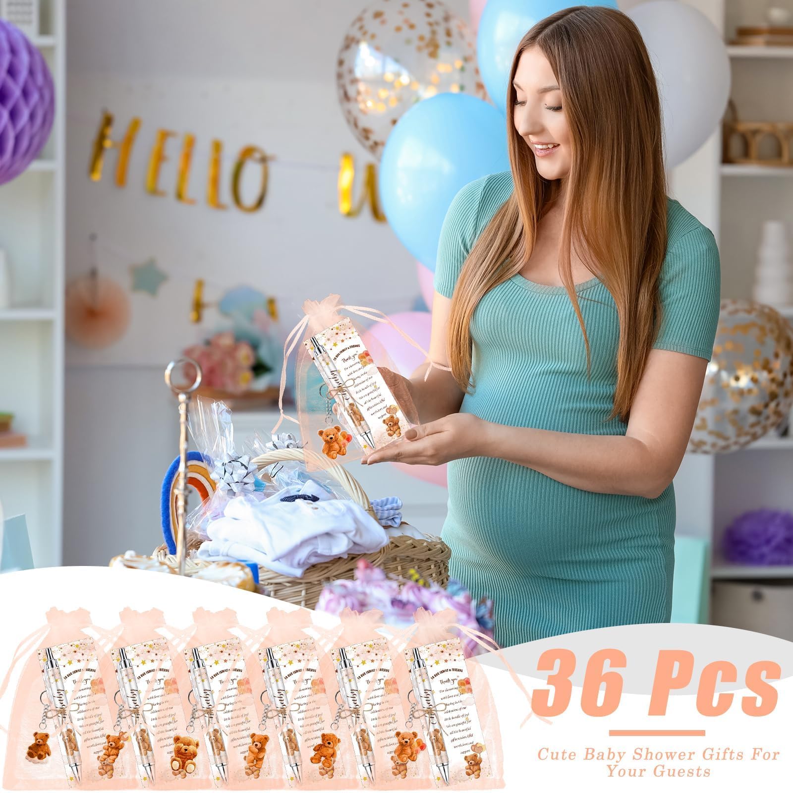 145 Stück Gastgeschenke für Babypartys, brauner Teddybär-Kugelschreiber und Schlüsselanhänger, Geschenke, Großpackung, einziehbare Babyparty-Stifte, Grußkarten, Souvenirs, Preise