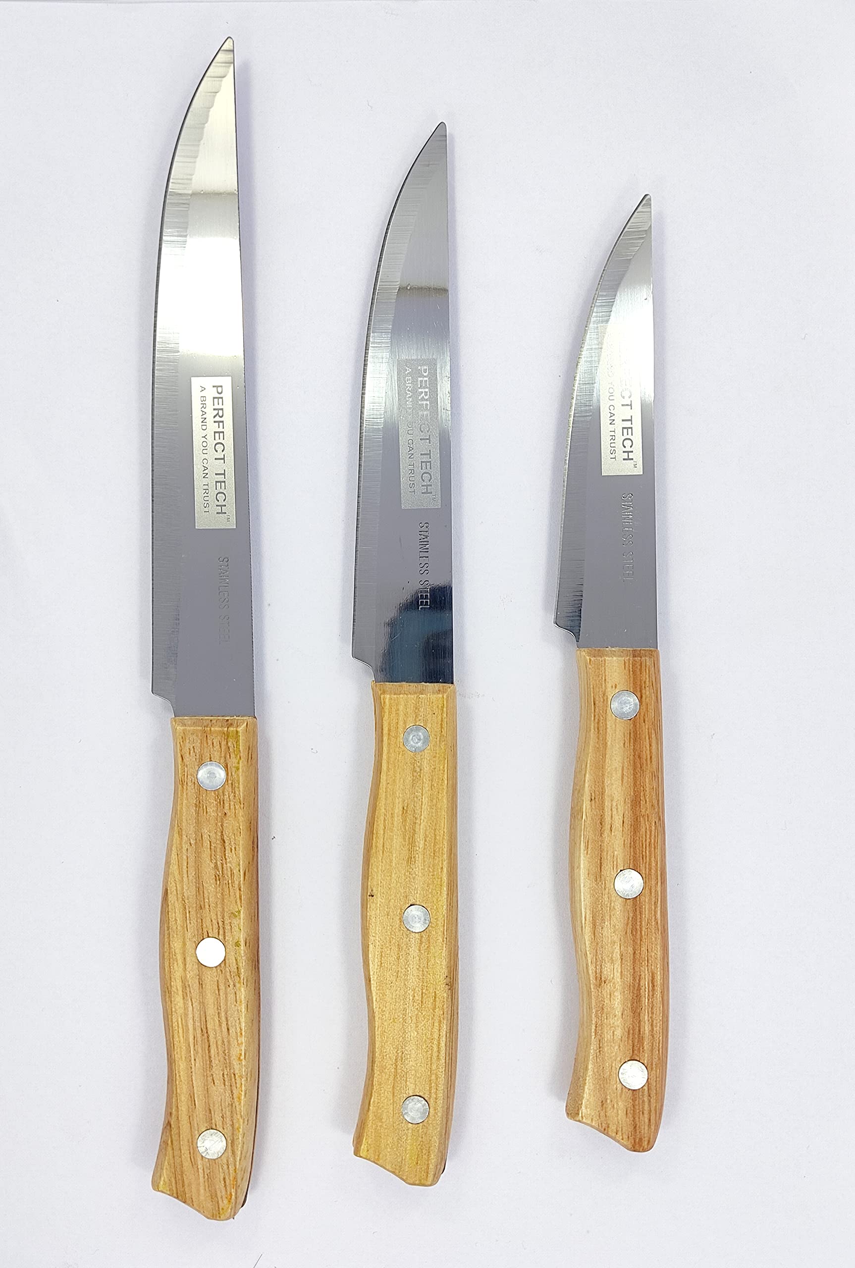 PERFECT TECH 3 Pcs Kitchen Knife Set | Wooden Handle and Mirror Finishing SS Blade | Carbon Stainless Steel | Sharp Blade for Cutting and Chopping Vegetable | Rust Proof Durable Stylish (Silver 6Inch)
