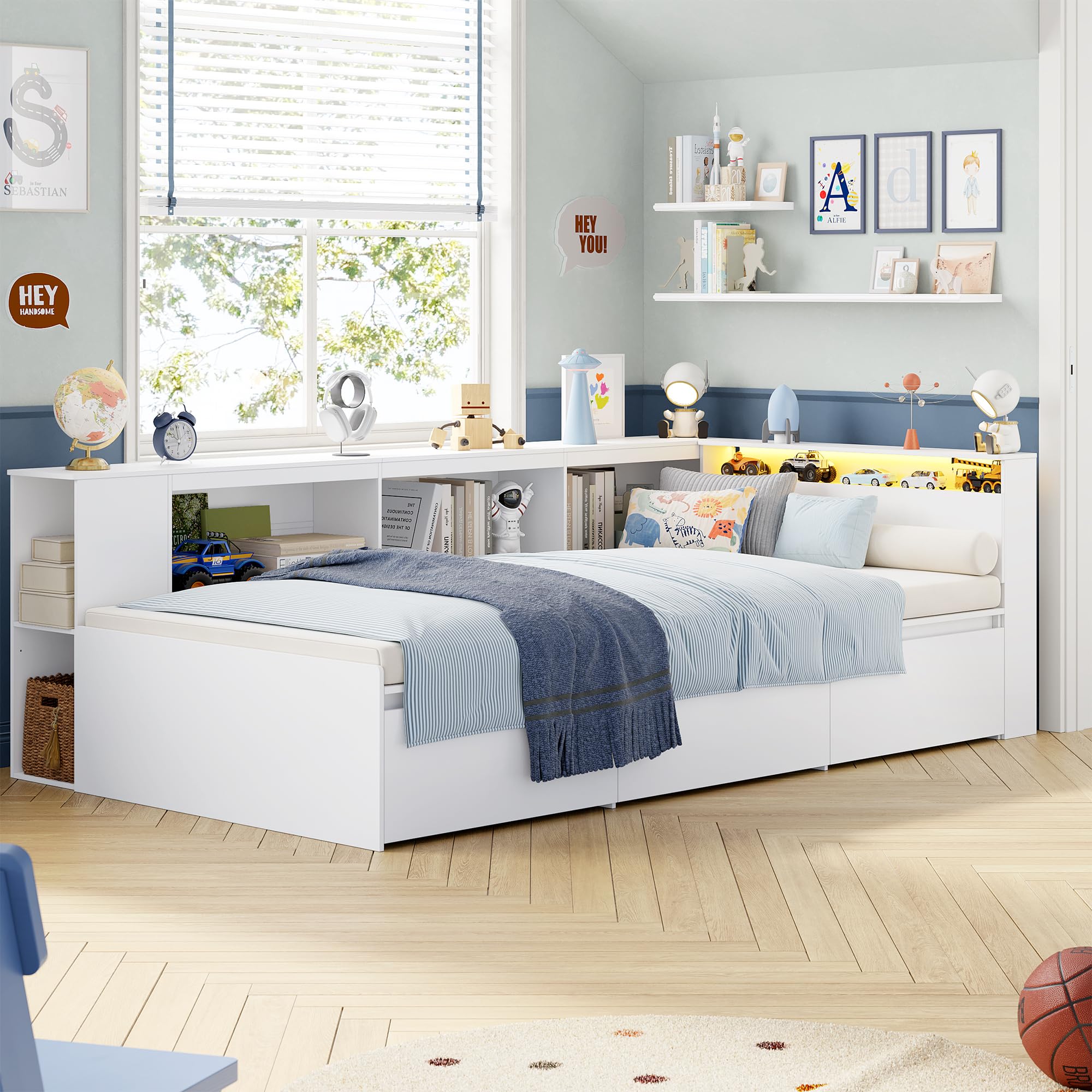 FOREHILL 90x200 cm Letto Montessori Bambini con Luci a LED, Letti Bambini con Libreria, Letto Singolo con 3 Cassetti e Scomparti Aperta, Letto da Adolescente, (Materasso non Incluso), Bianco