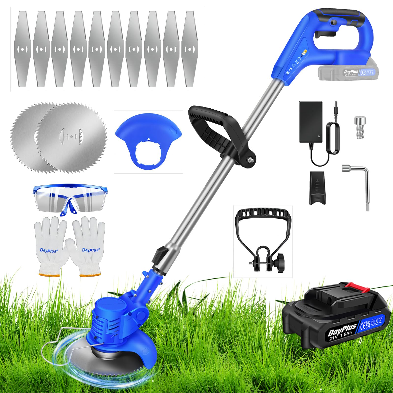 Desbrozadora de jardín Desbrozadora sin Cable Desbrozadora eléctrica 21V Batería Desbrozadora con Cuchillas, Cortacésped con Altura Ajustable,Equipo de Corte Exterior para césped, Campos