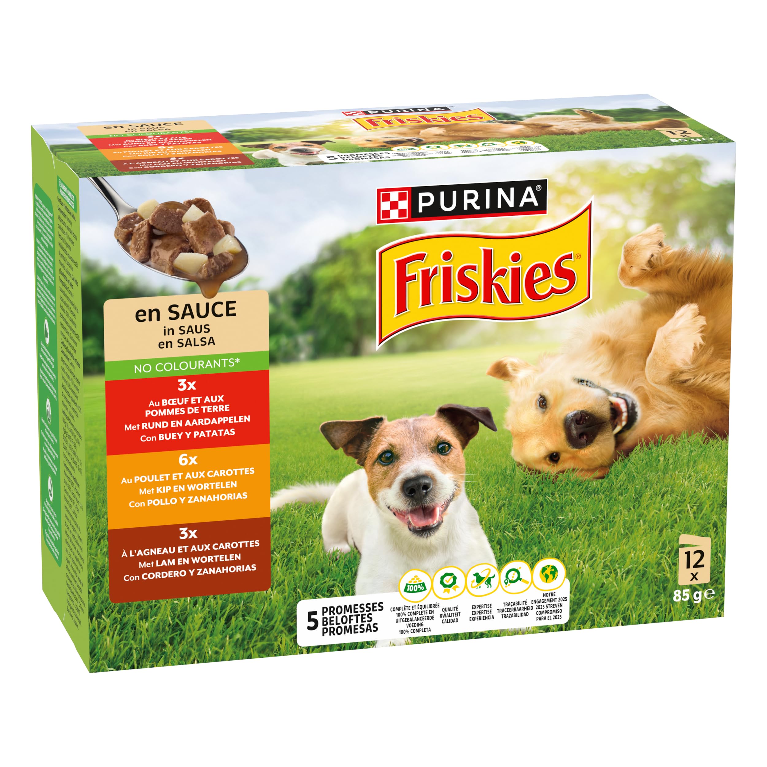 Purina Friskies Comida húmeda para Perro en Salsa con Pollo, Cordero y Buey, 6 Paquetes de 12 Sobres de 85g