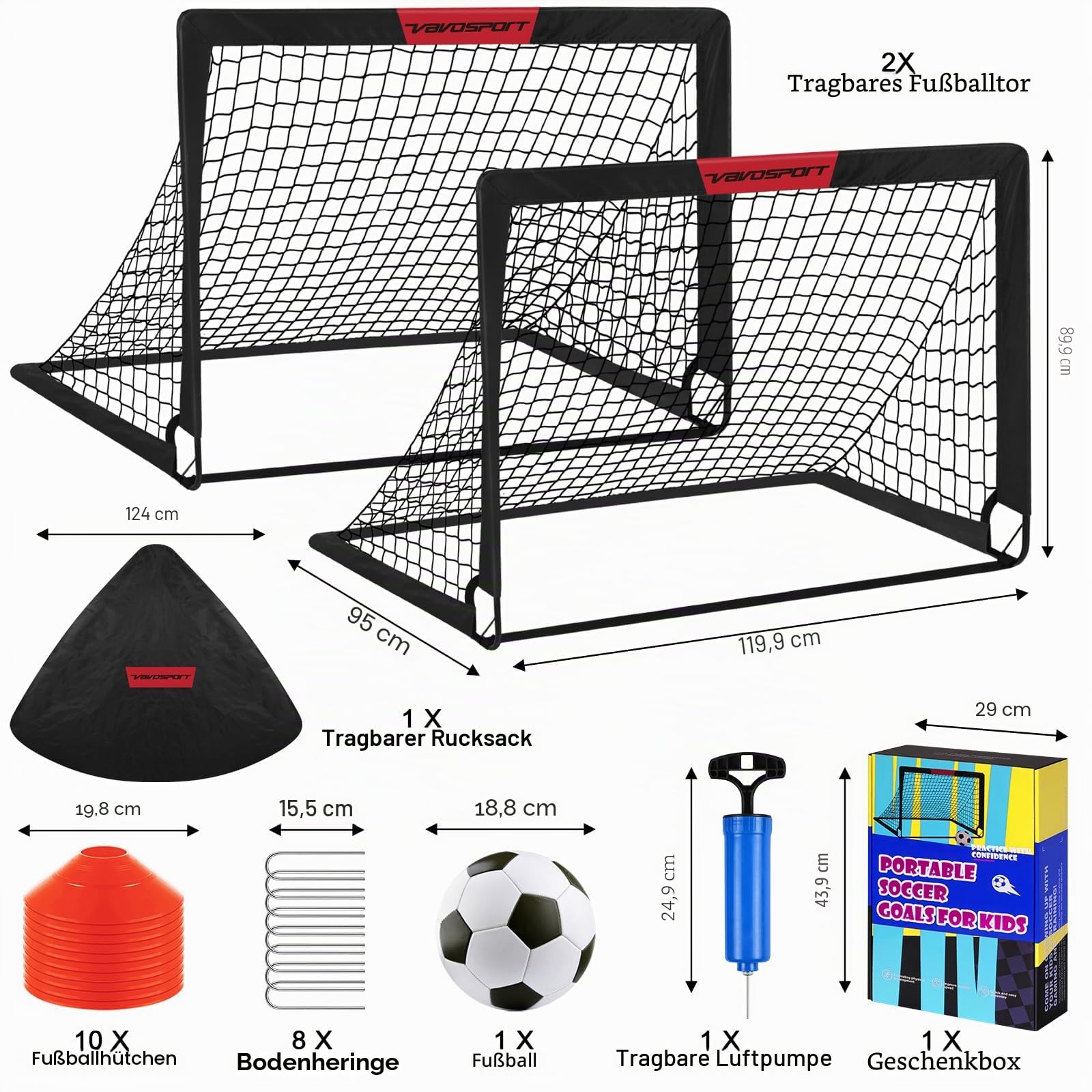 VAVOSPORT Fussballtore für Garten Kinder Tor Gate: Fußball Trainingsset mit Pop-Up 2er Set faltbar für Indoor/Outdoor Spiele für Kinder | Inklusive Fußball Größe 3 Hütchen 10 und Ballpumpe